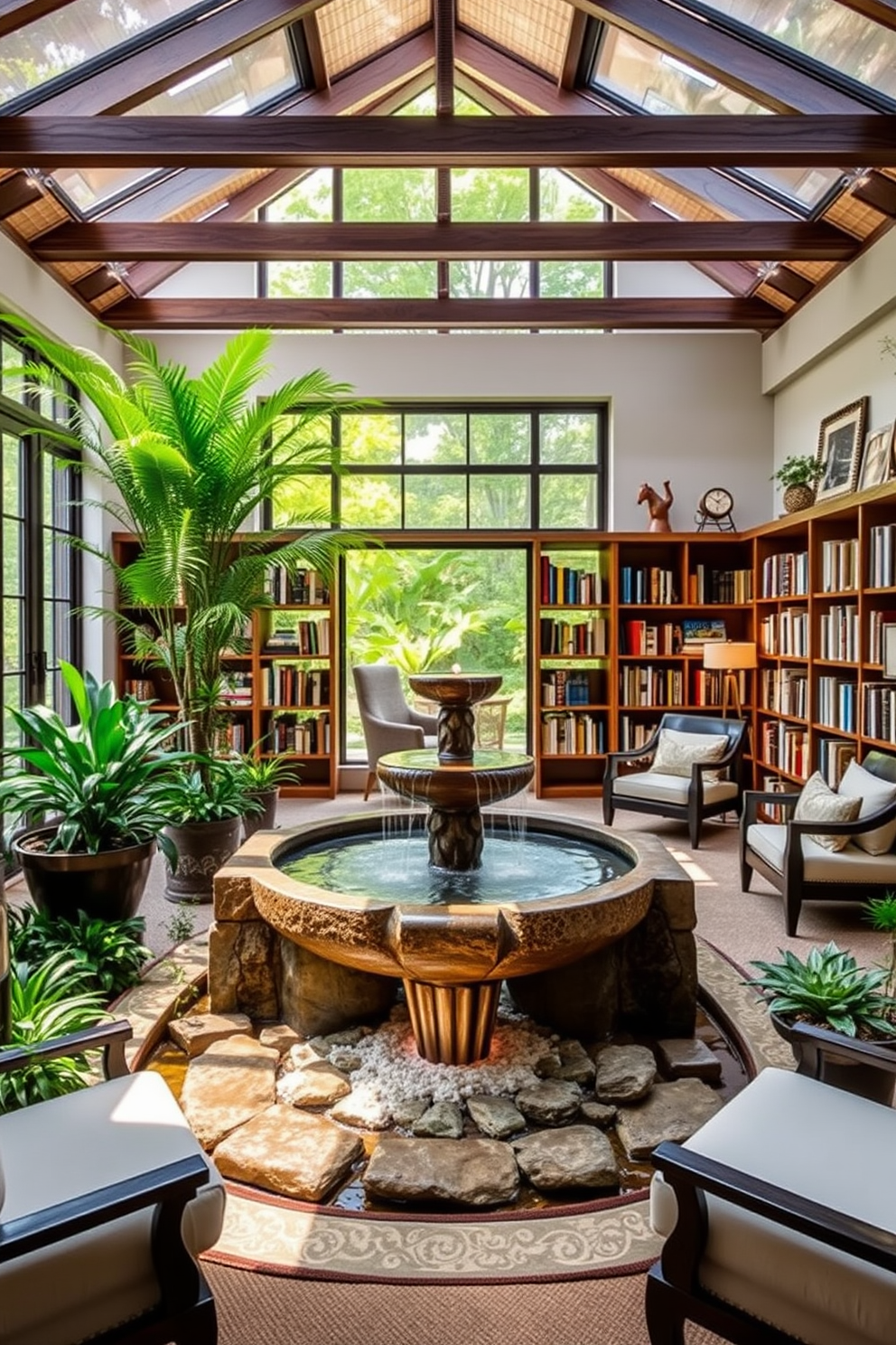 An integrated indoor fountain creates a serene atmosphere with the gentle sound of flowing water. Surround the fountain with lush greenery and comfortable seating to enhance the tranquil environment. The garden home library features large windows that allow natural light to flood in, creating a warm and inviting space. Shelves filled with books line the walls, and cozy reading nooks are strategically placed for relaxation and inspiration.