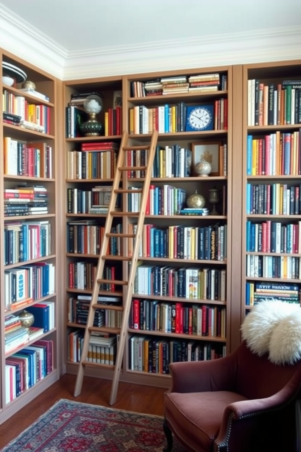 A cozy home library featuring floor-to-ceiling bookshelves filled with an eclectic collection of books and decorative items. A stylish wooden ladder leans against the shelves, providing easy access to the higher shelves, while a plush reading chair is positioned nearby, inviting relaxation.