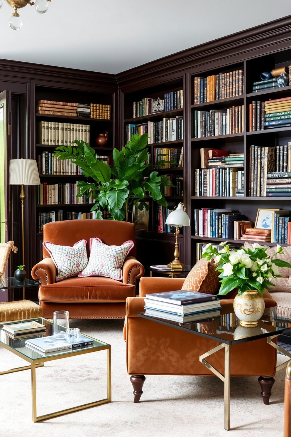 A cozy garden home library featuring vintage furniture mixed with modern decor. The space includes a large, plush armchair upholstered in a rich velvet fabric alongside a sleek glass coffee table and a contemporary bookshelf filled with books and decorative items.