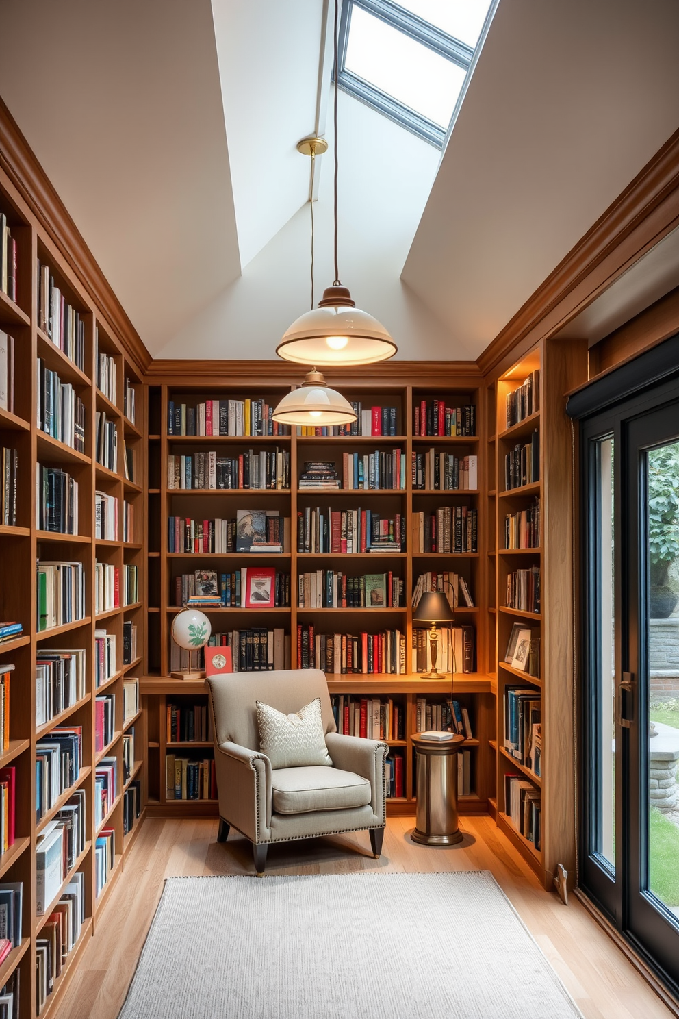 Soft lighting creates a warm and inviting atmosphere in the garden home library. Pendant fixtures hang gracefully from the ceiling, illuminating the cozy reading nooks and book-filled shelves. Natural wood bookshelves line the walls, filled with a curated selection of literature and decorative items. A comfortable armchair is positioned near a large window, offering a perfect spot to enjoy the view of the garden outside.