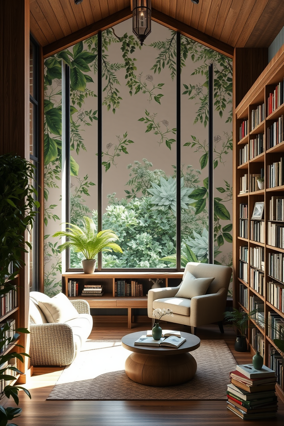 Create an outdoor-inspired wallpaper design that features lush greenery and delicate floral patterns. The wallpaper should evoke a sense of tranquility and connection to nature, perfect for a cozy reading nook. Design a home library that incorporates natural elements and an inviting atmosphere. Include comfortable seating, wooden bookshelves filled with books, and large windows that allow natural light to flood the space.