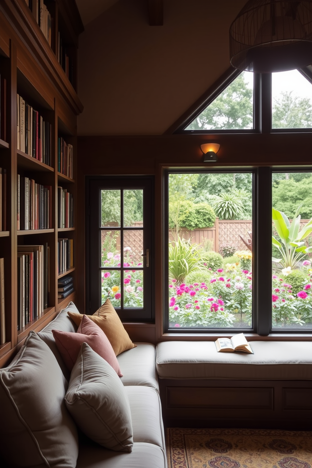 A cozy reading bench is positioned by a large window, offering serene views of a lush garden filled with vibrant flowers and greenery. The bench is adorned with plush cushions in soft earth tones, inviting relaxation and contemplation. The home library features built-in bookshelves that reach from floor to ceiling, showcasing a curated collection of books and decorative items. A warm, ambient light illuminates the space, creating an inviting atmosphere perfect for enjoying a good read.