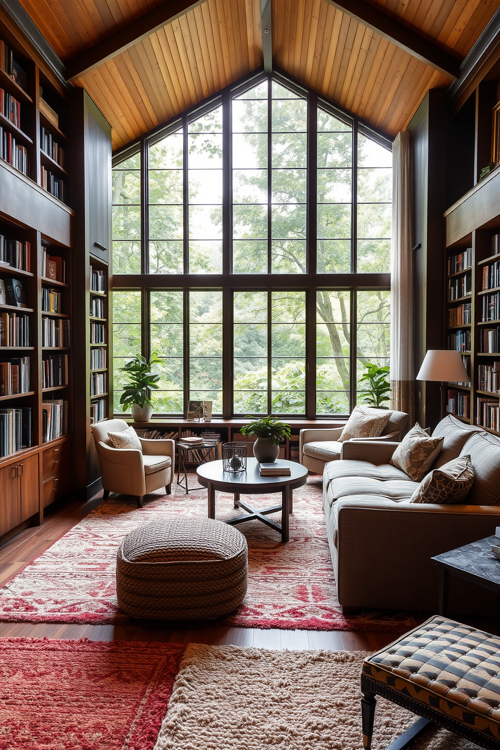 Textured rugs add warmth and comfort to the space, inviting you to sink your feet into their plush fibers. The library features a cozy reading nook with a large window, allowing natural light to filter in and illuminate the rich wooden bookshelves filled with books. The garden home library is designed with lush greenery visible through the windows, creating a serene atmosphere. Soft seating options are arranged around a central coffee table, encouraging relaxation and leisurely reading.