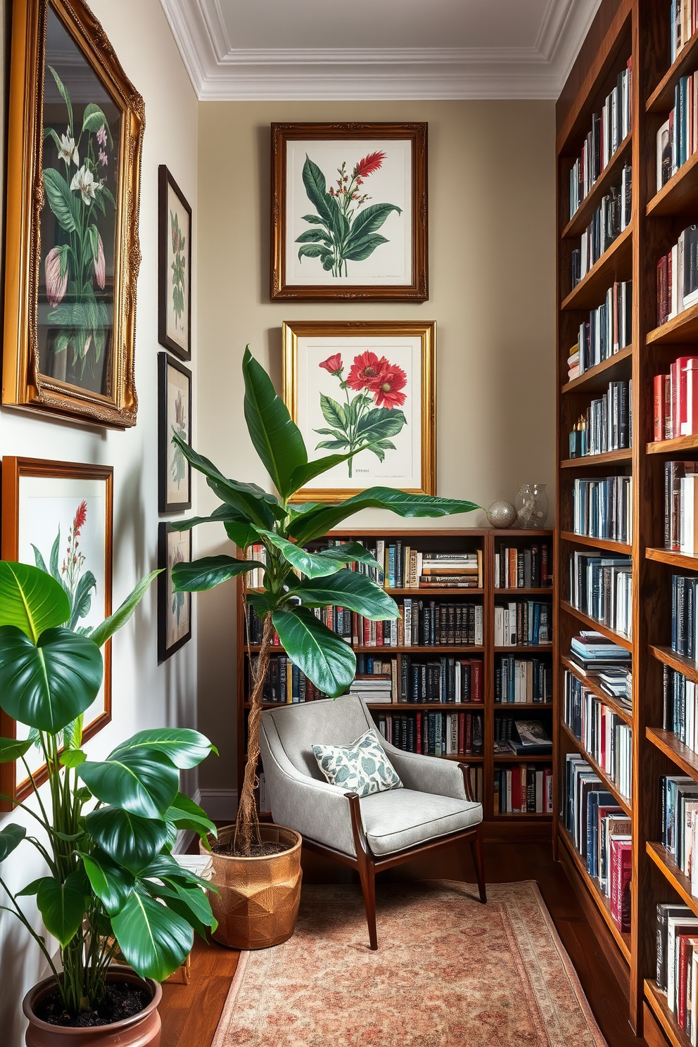 Art pieces featuring botanical themes. The walls are adorned with vibrant botanical prints in elegant frames, creating a lush atmosphere. A large potted plant sits in the corner, complementing the artwork and bringing life to the space. Garden Home Library Design Ideas. The library features floor-to-ceiling bookshelves made of reclaimed wood, filled with an array of books and decorative items. A cozy reading nook with a plush armchair and a small side table is positioned near a window, allowing natural light to flood the area.