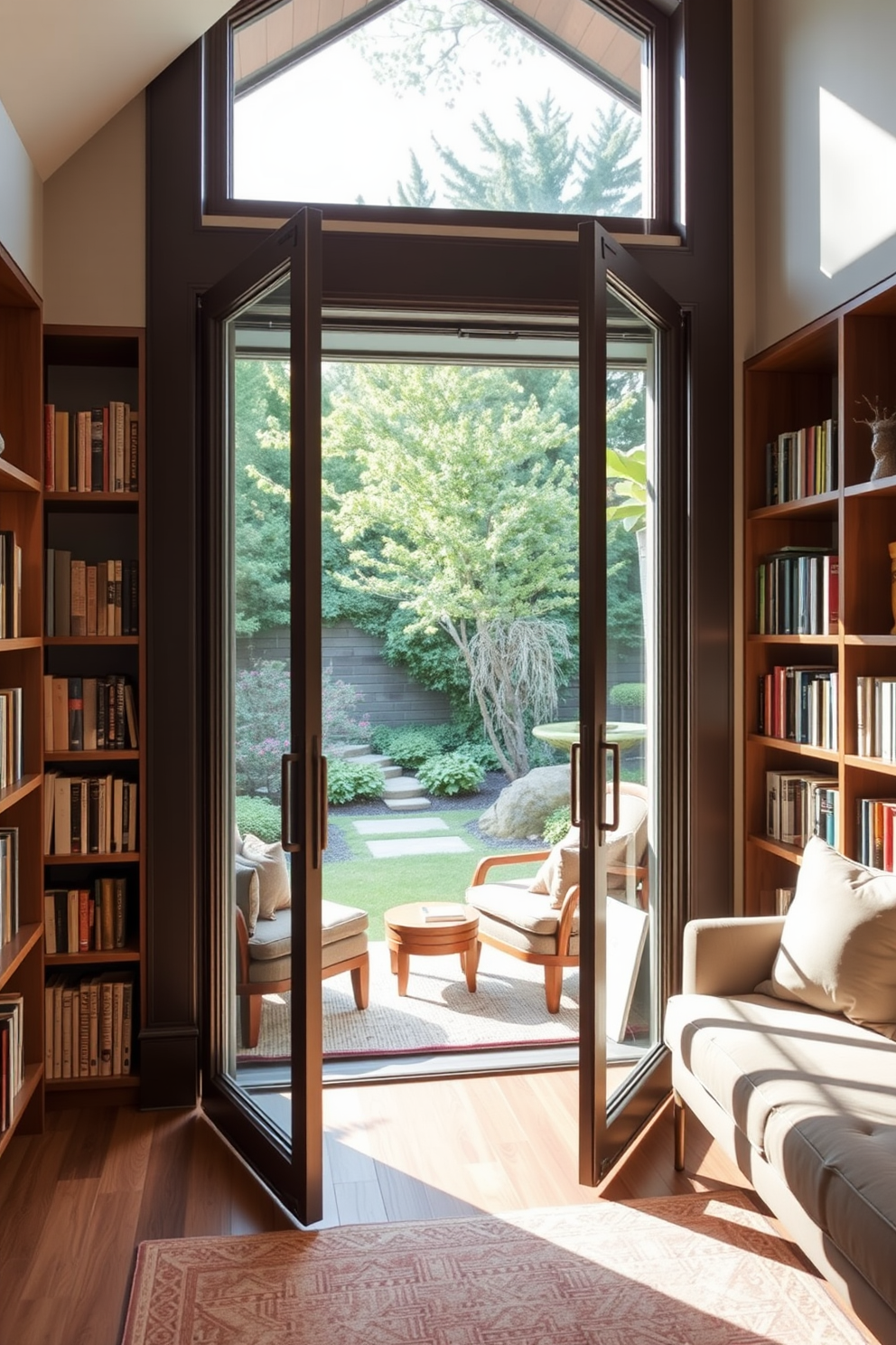 A serene home library featuring sliding glass doors that open to an outdoor garden space. The room is filled with custom-built wooden bookshelves, a cozy reading nook with plush seating, and soft ambient lighting that creates a warm atmosphere.