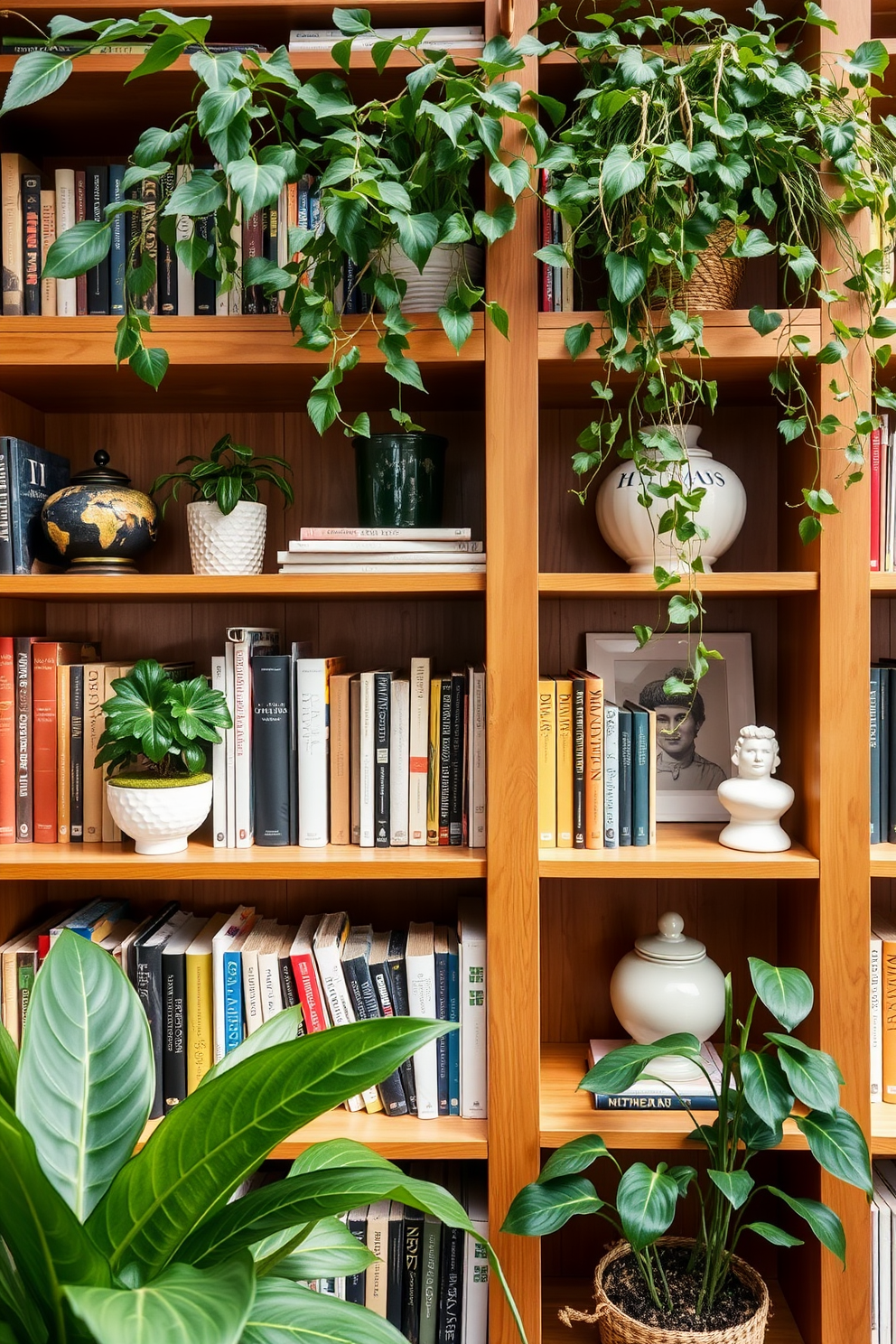 A cozy garden home library features reading lanterns casting a warm glow over plush seating areas. Shelves filled with books line the walls, and large windows allow natural light to filter in during the day.