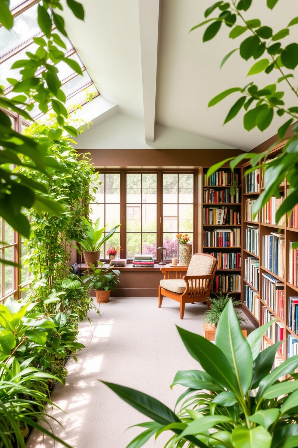 A cozy home library featuring rustic wooden shelves filled with an array of books. The shelves are made from reclaimed wood and are adorned with decorative items and plants to enhance the inviting atmosphere.