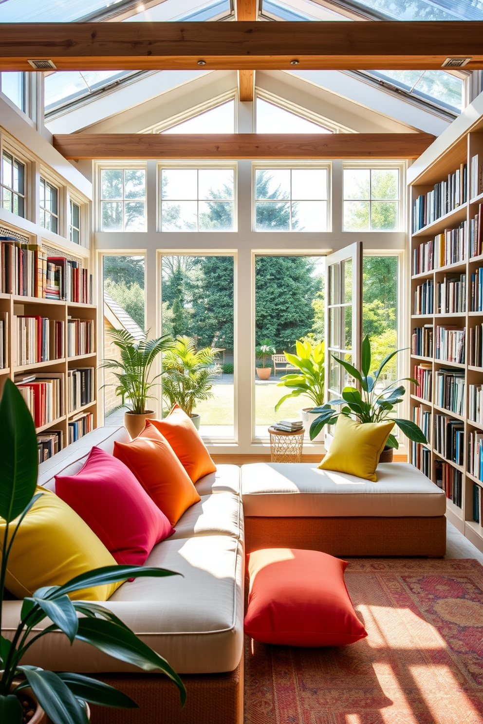 Bright cushions in vibrant colors are arranged on a cozy sectional sofa, adding a cheerful touch to the serene ambiance of the garden home library. Shelves lined with books in various genres create an inviting atmosphere, while large windows allow natural light to flow in, illuminating the space beautifully.