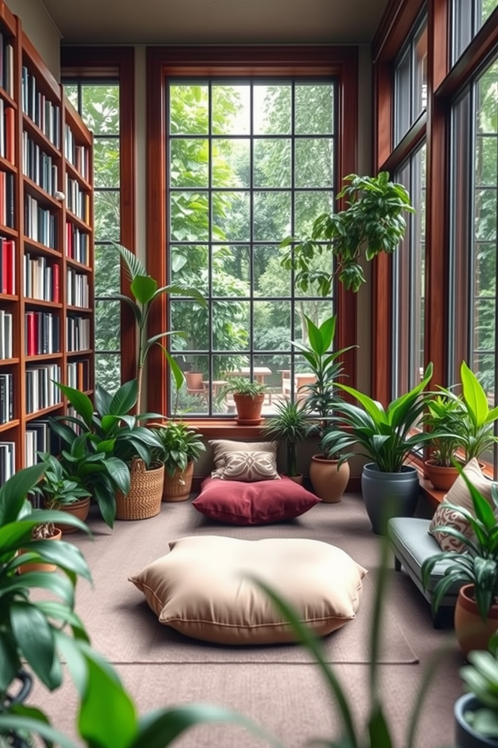 A serene meditation corner is designed with a comfortable floor cushion surrounded by lush green plants. Shelves filled with an array of books line the walls, creating a peaceful and inviting atmosphere. The garden home library features large windows that allow natural light to flood the space, enhancing the connection with nature. Cozy reading nooks are integrated with soft seating and vibrant potted plants to inspire relaxation and creativity.