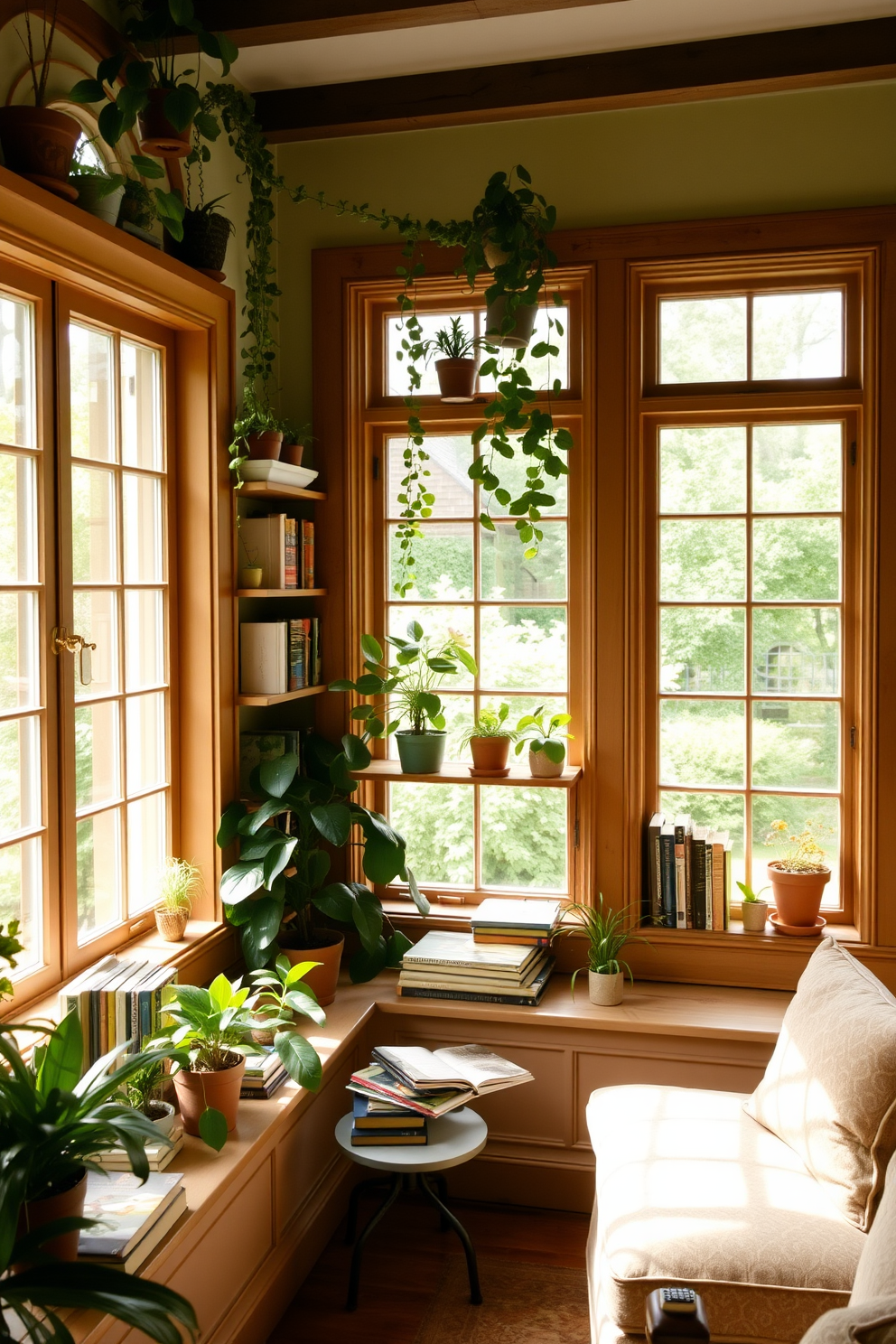 A cozy garden home library featuring creative window sills filled with an assortment of books and potted plants. Soft natural light pours in through large windows, illuminating a comfortable reading nook with plush seating and a small side table.