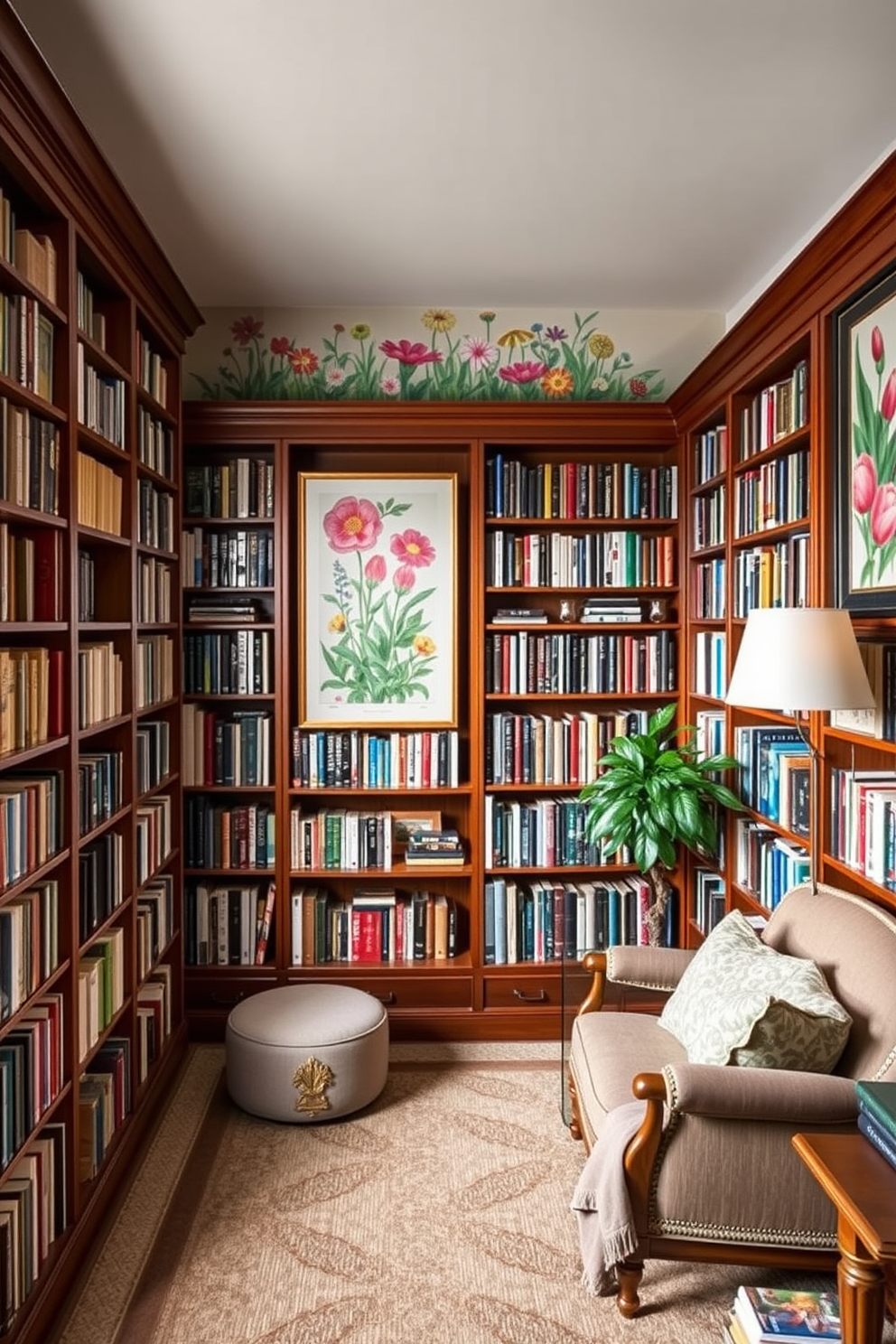 A cozy home library featuring colorful garden-themed artwork adorning the walls. The room is filled with wooden bookshelves brimming with books, and a comfortable reading nook with plush seating and soft lighting.