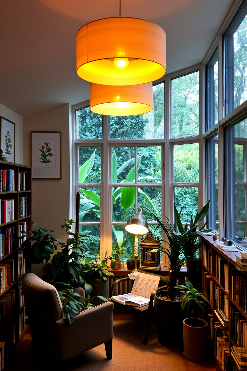 Layered lighting creates a warm and inviting atmosphere in a garden home library. Soft pendant lights hang from the ceiling, while floor lamps with warm bulbs illuminate reading nooks and shelves filled with books. The walls are adorned with botanical prints, and large windows allow natural light to filter in, enhancing the greenery outside. A comfortable reading chair is positioned near a window, surrounded by potted plants and a small side table for beverages.