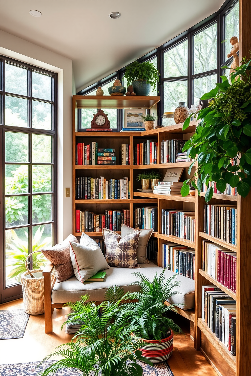 A cozy garden home library featuring reclaimed wood shelving that showcases a collection of books and decorative items. Natural light filters through large windows, illuminating a comfortable reading nook with plush seating and vibrant greenery.