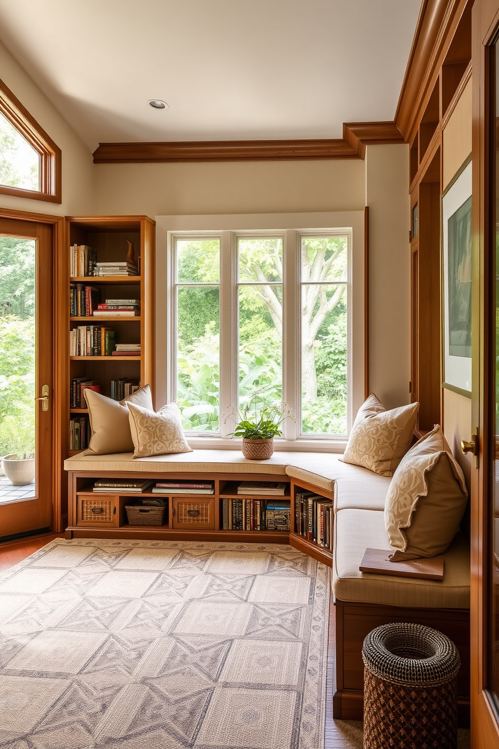 A cozy garden home library features built-in seating that seamlessly integrates into the architecture. The seating is adorned with plush cushions and offers ample storage space underneath for books and decorative items.