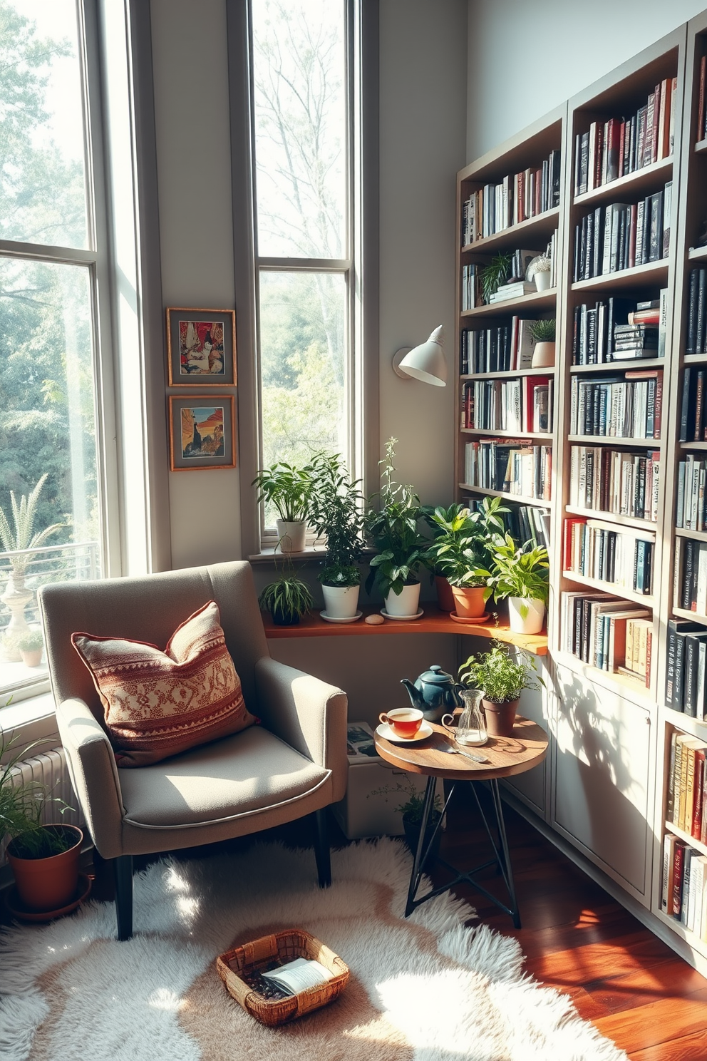 A cozy reading nook featuring an indoor herb garden. The space is filled with natural light from large windows, and the herbs are arranged in stylish pots on a wooden shelf next to a comfortable armchair. The walls are lined with bookshelves filled with an eclectic collection of books. A soft rug lies on the floor, adding warmth to the space, while a small side table holds a cup of tea and a few gardening tools.