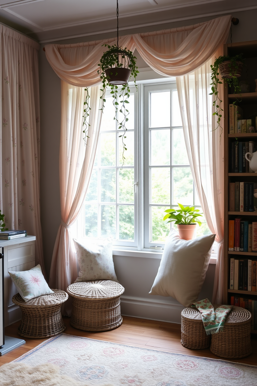 Whimsical decor with nature-inspired elements creates a serene and playful atmosphere. The space features flowing drapery in soft pastel colors, with floral patterns that echo the beauty of the outdoors. In the garden home library, bookshelves are crafted from reclaimed wood, adorned with potted plants and hanging vines. A cozy reading nook is nestled by a large window, filled with plush cushions and a small table for tea or coffee.