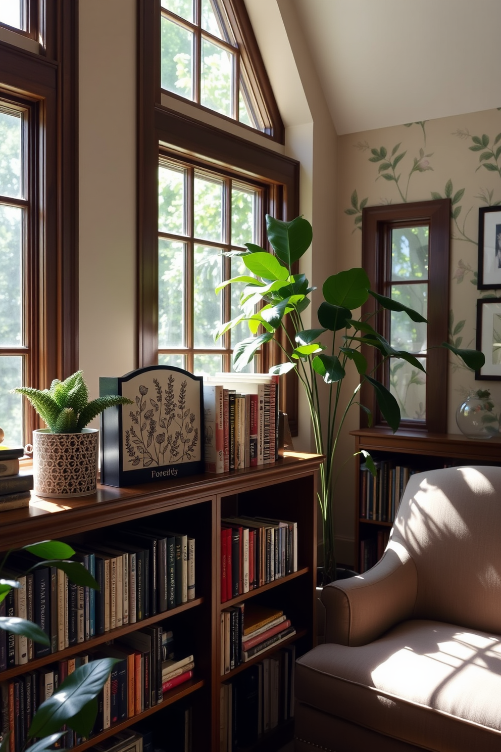 A charming garden home library filled with natural light. The space features large windows overlooking a lush garden, with a cozy reading nook adorned with colorful cushions. Birdhouses are strategically placed outside to attract various wildlife. The library shelves are lined with books about nature, creating a serene and inviting atmosphere.