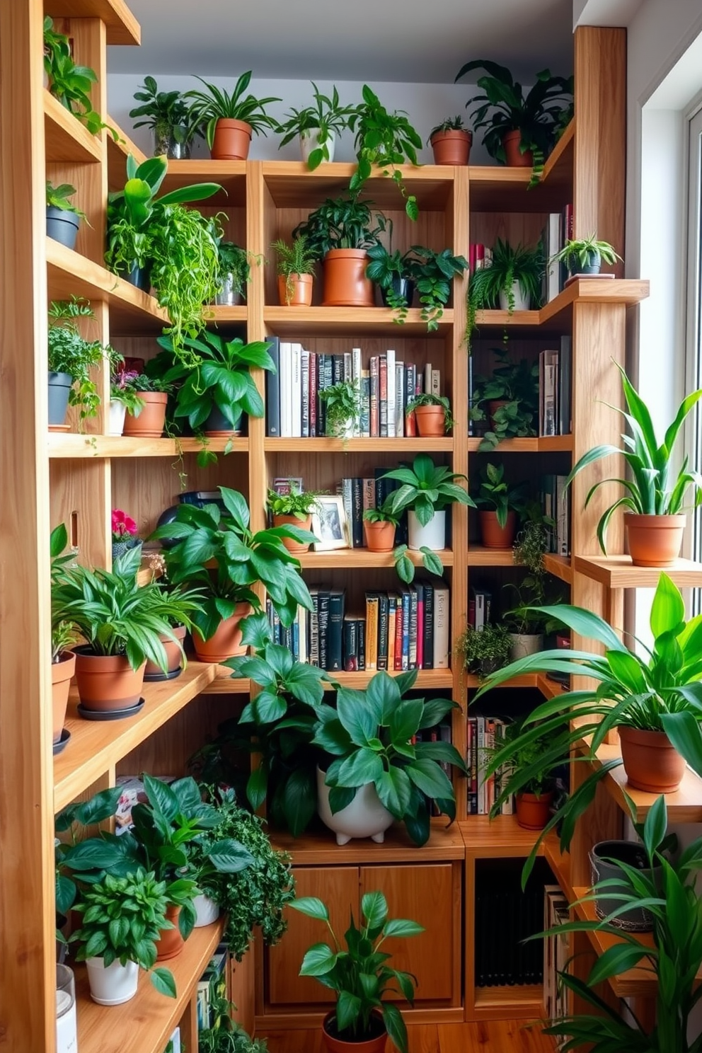 A cozy home library filled with natural light. The walls are lined with floor-to-ceiling bookshelves made of dark wood, and comfortable seating areas are arranged throughout the space. Hanging plants cascade from the ceiling, adding a refreshing green touch. A large window offers a view of the garden outside, enhancing the serene atmosphere of the library.