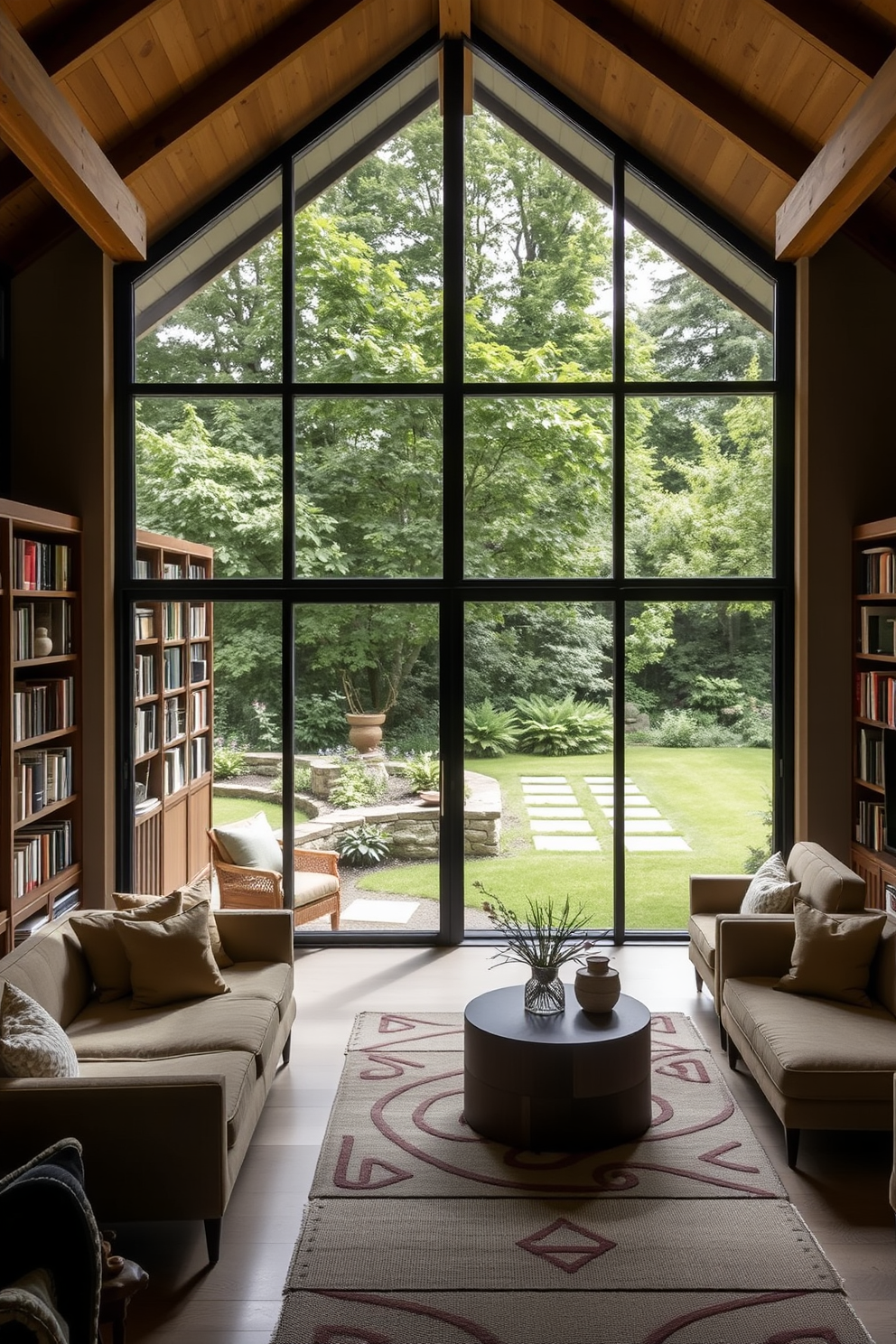 A cozy garden home library featuring creative use of recycled pallets as shelving units. The pallets are arranged in an artistic manner, displaying an array of books and decorative plants, with soft lighting illuminating the space. Comfortable seating is provided by a mix of vintage armchairs and a reclaimed wood coffee table. Large windows allow natural light to flood the room, creating an inviting atmosphere for reading and relaxation.