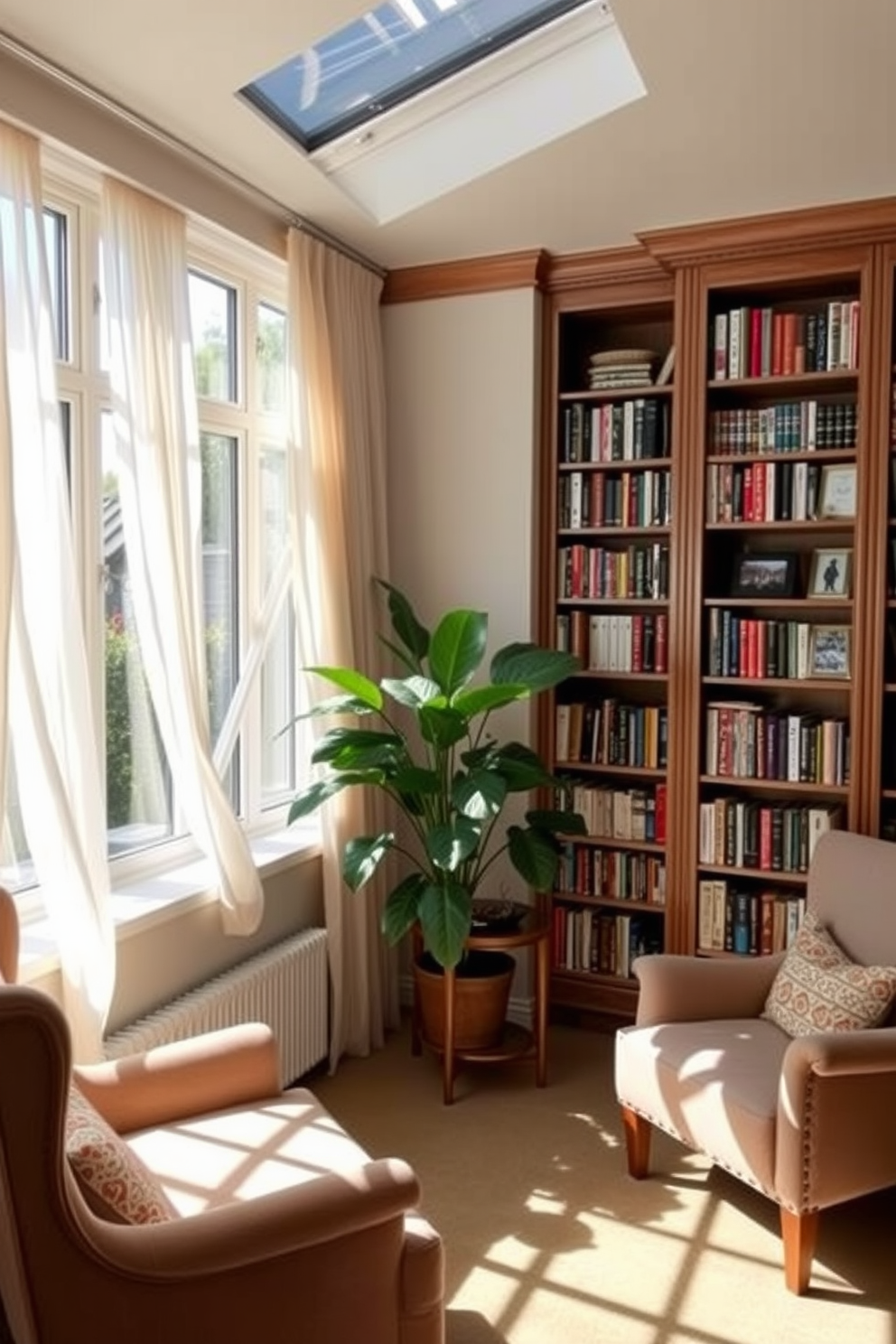 A sunlit corner features a cozy seating arrangement with plush armchairs and a small wooden side table. Large windows allow natural light to flood the space, adorned with soft, sheer curtains that gently sway in the breeze. The garden home library is designed with built-in bookshelves filled with colorful books and decorative items. A lush indoor plant sits in the corner, adding a touch of greenery and enhancing the tranquil atmosphere.