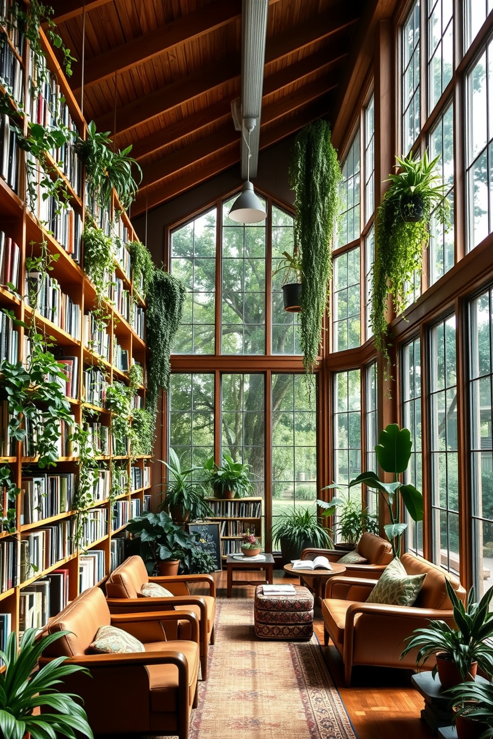 A cozy garden home library filled with natural light. Shelves lined with books feature indoor plants cascading down, creating a lush and inviting atmosphere. Comfortable seating areas are arranged for reading and relaxation. Large windows provide views of greenery outside, enhancing the tranquil setting.