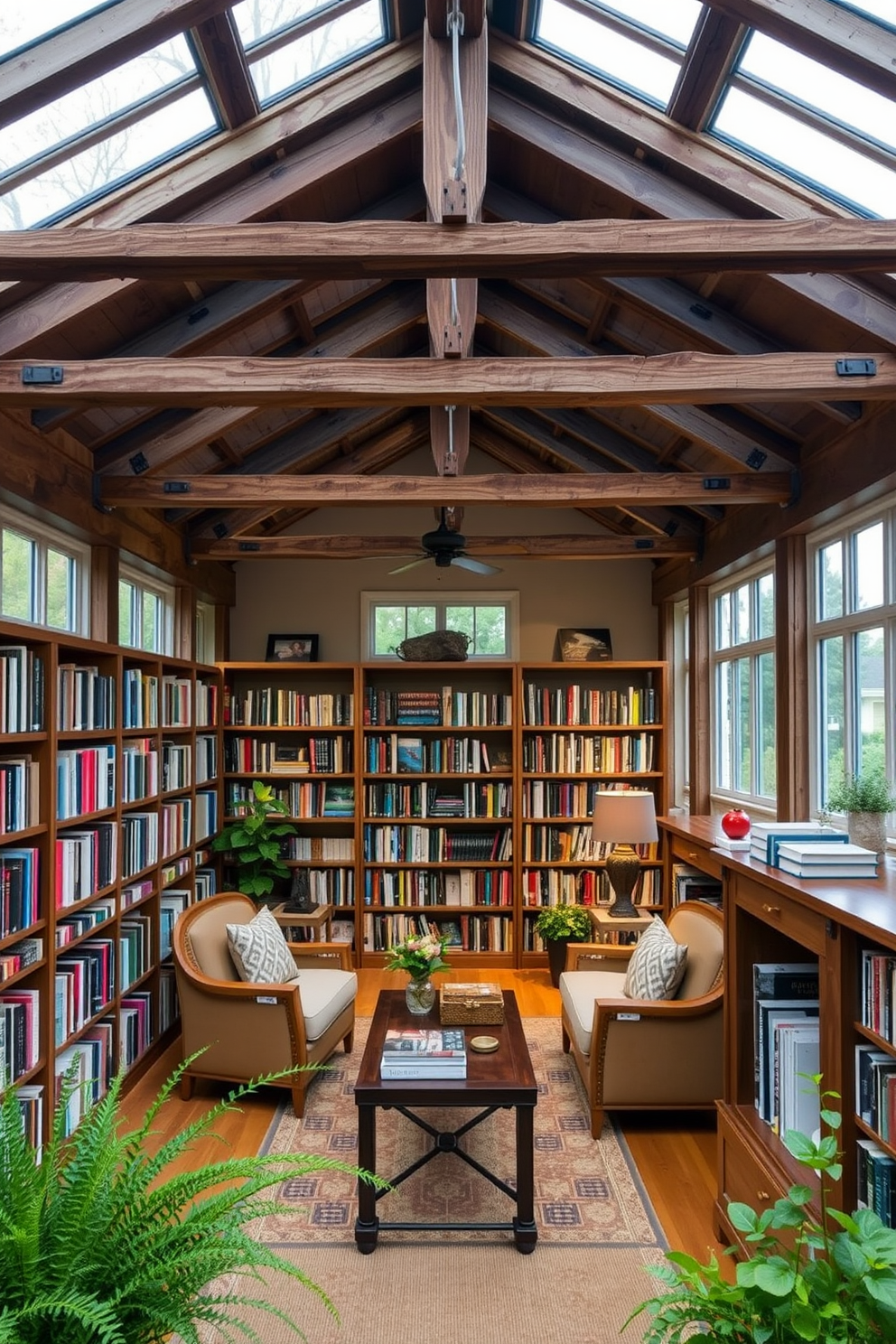 A cozy garden home library featuring rustic wooden beams that create an inviting atmosphere. The space is adorned with built-in bookshelves filled with a variety of books, complemented by comfortable seating areas for reading and relaxation.