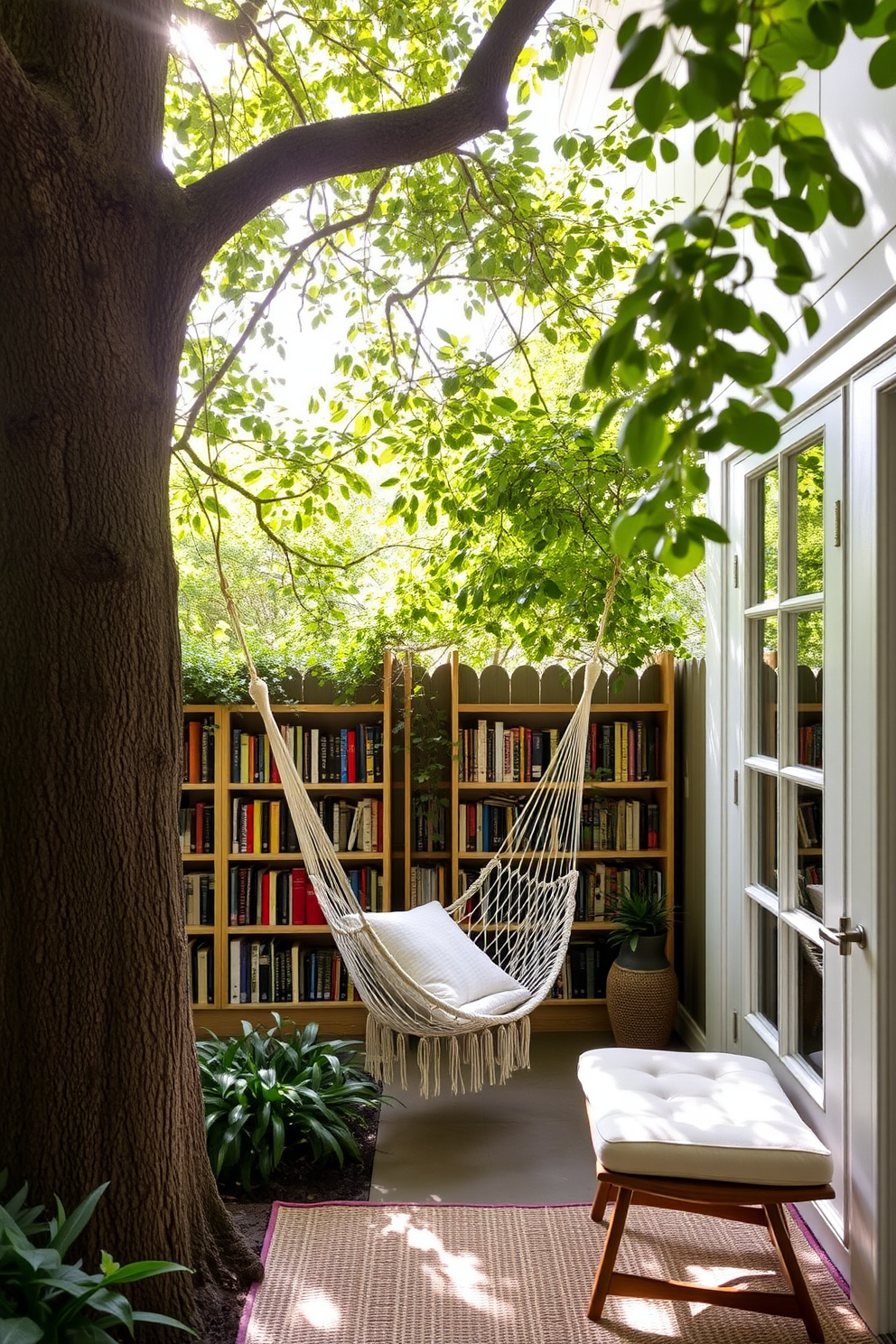 A cozy garden home library featuring a hammock chair suspended between two sturdy trees. Soft natural light filters through the leaves, creating a serene atmosphere perfect for relaxed reading time.