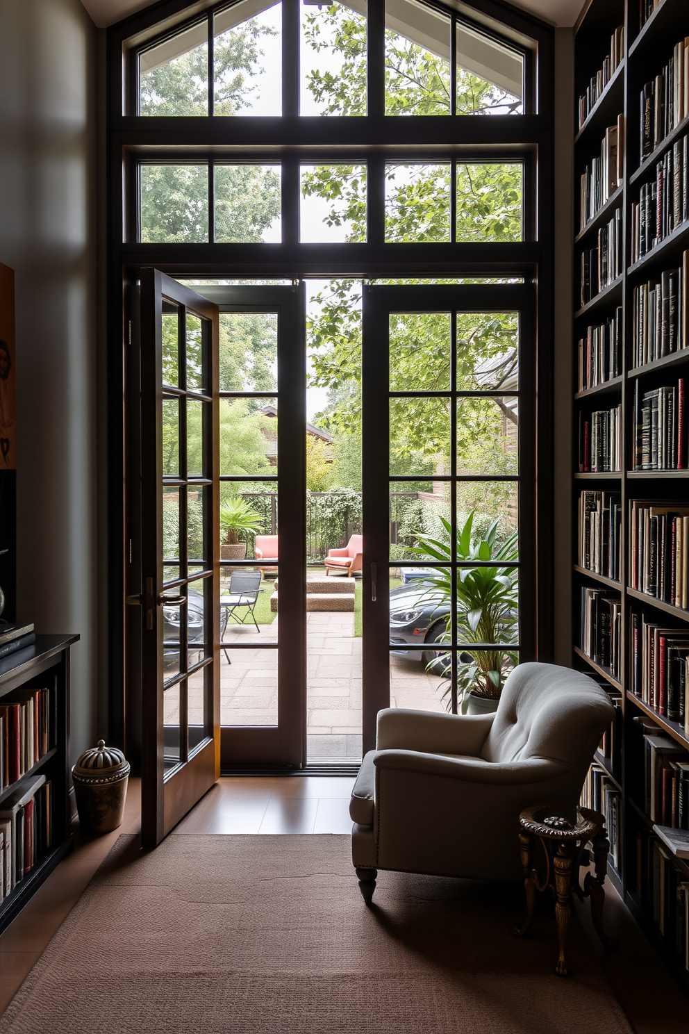 A cozy garden home library features built-in benches that provide ample storage underneath. The benches are adorned with plush cushions, creating a welcoming reading nook surrounded by lush greenery.