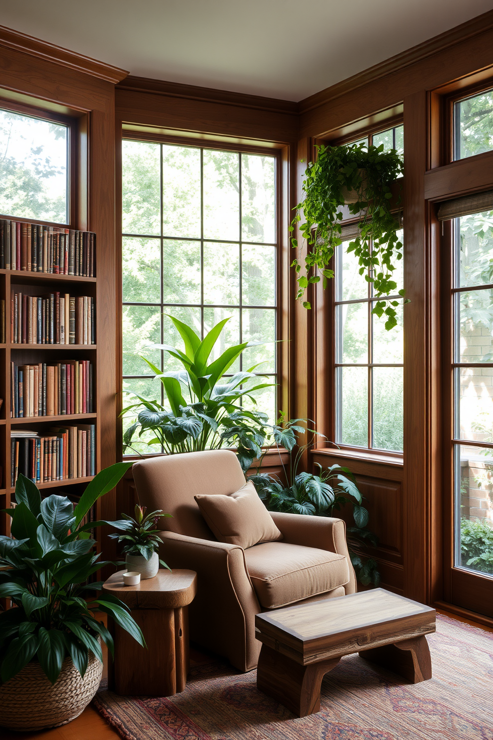 A serene garden home library bathed in natural light from large windows. The space features floor-to-ceiling bookshelves filled with an array of books, complemented by a cozy reading nook with plush seating.