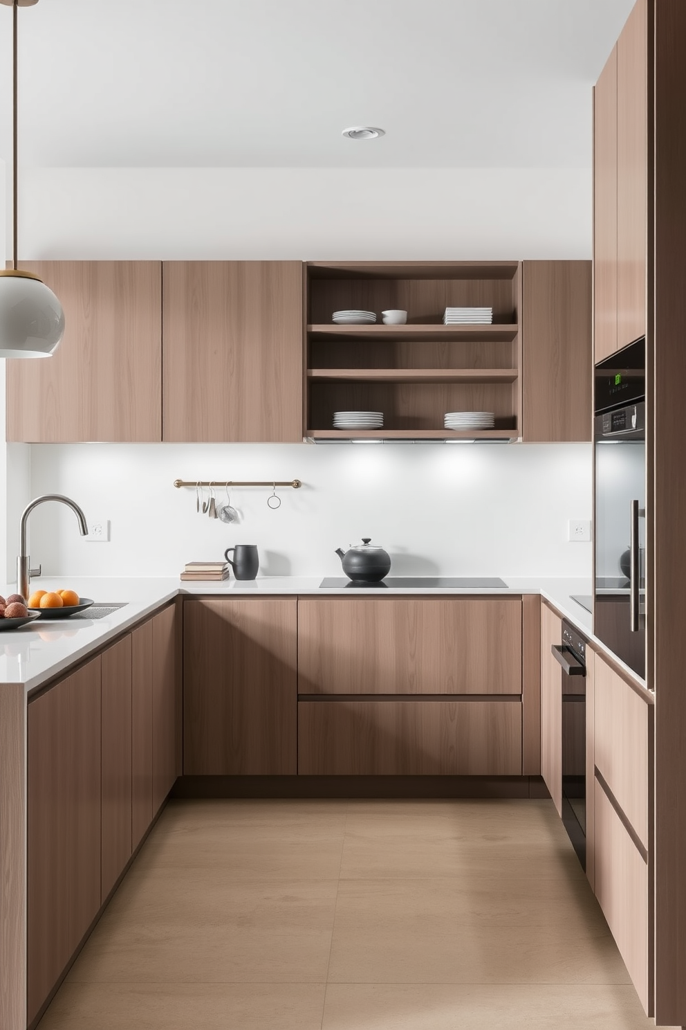 A minimalist kitchen featuring cabinetry with sleek lines and a clean aesthetic. The cabinetry is finished in a soft white hue with integrated handles, complemented by a subtle wood accent. The countertops are made of polished quartz, providing a seamless look. Large windows allow natural light to flood the space, enhancing the airy feel of the design.