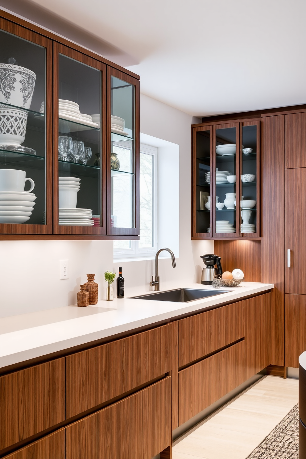 A modern German kitchen featuring sleek glass-front cabinets that showcase elegant dishware and decorative items. The cabinetry is complemented by a minimalist island with a smooth countertop, creating a functional and stylish cooking space.