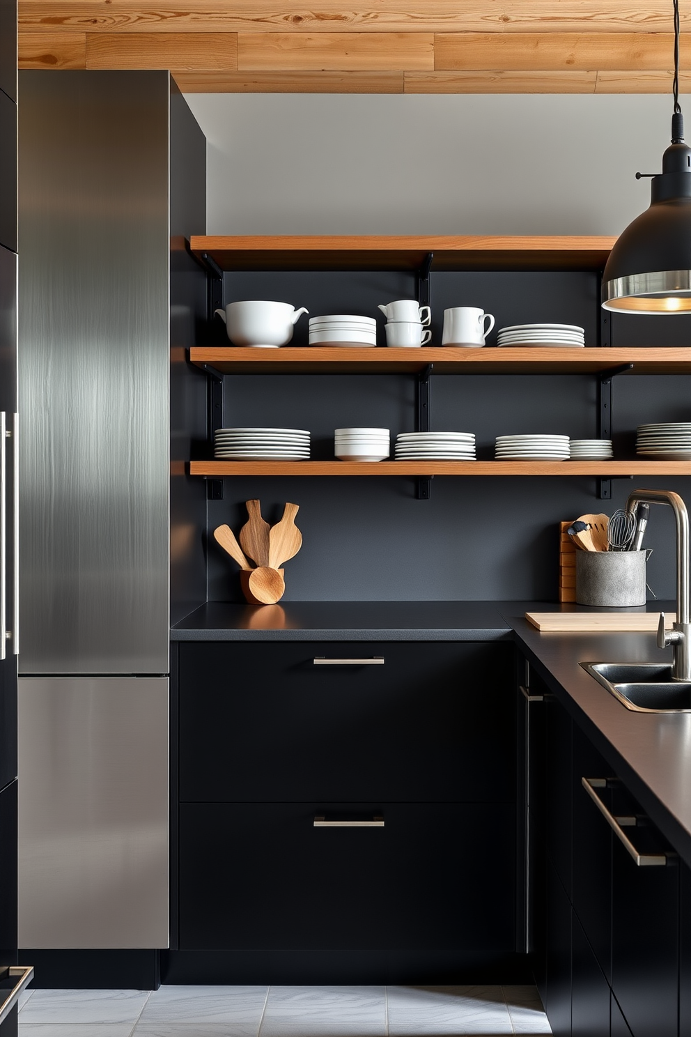 A sleek German kitchen featuring industrial elements with metal finishes. The cabinetry showcases a blend of matte black and brushed steel, complemented by open shelving displaying modern dishware.