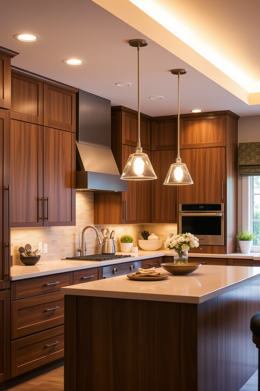 A cozy kitchen with warm lighting that enhances the inviting atmosphere. The design features sleek cabinetry in a rich wood finish, complemented by a spacious island with a contrasting light-colored countertop. Soft pendant lights hang above the island, providing focused illumination for meal preparation. The walls are adorned with tasteful tiles in earthy tones, while a stylish backsplash adds a modern touch to the overall aesthetic.