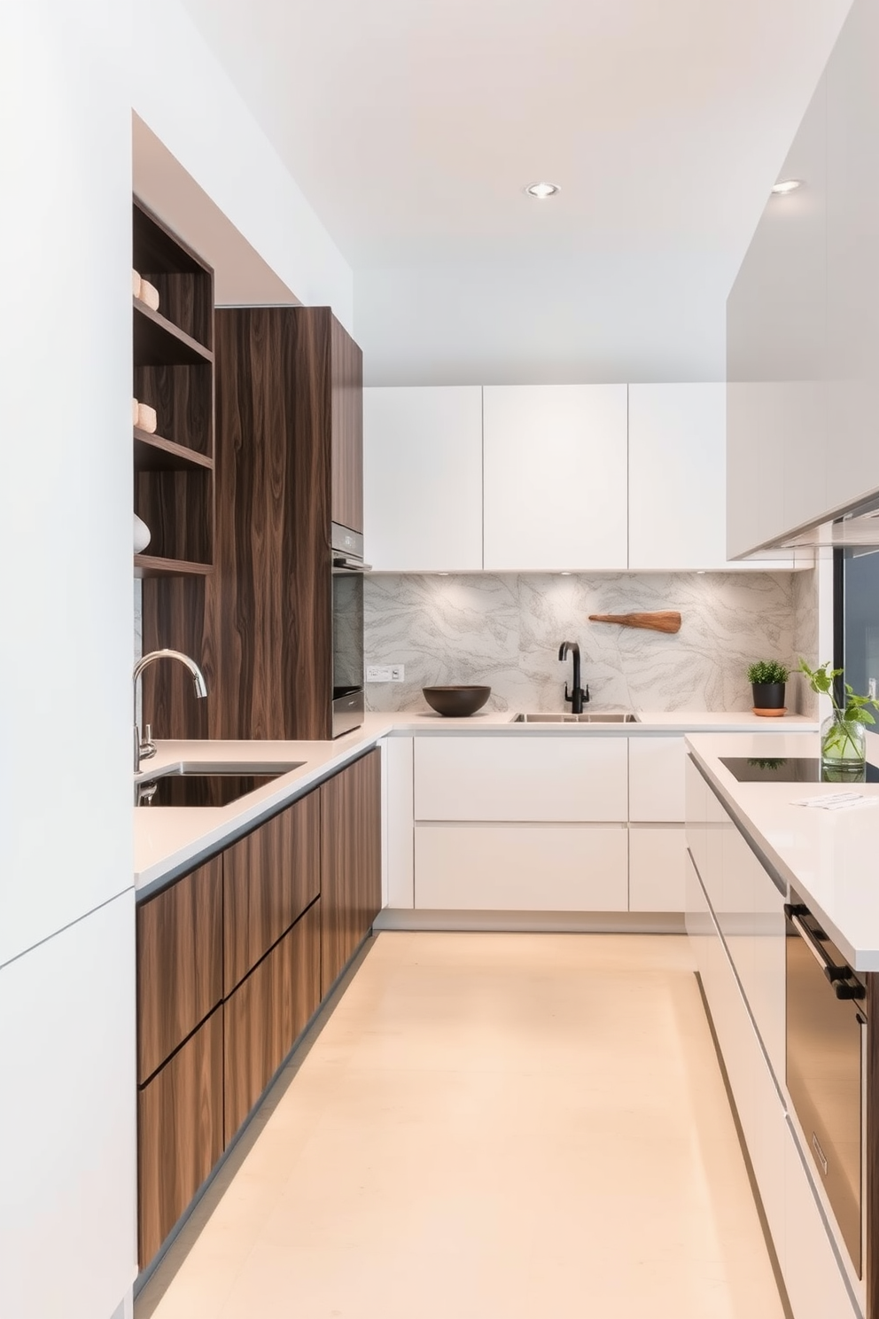 A modern German kitchen featuring natural stone backsplashes that add texture and depth to the space. The cabinetry is sleek and minimalist, with a combination of matte white and dark wood finishes that create a striking contrast.