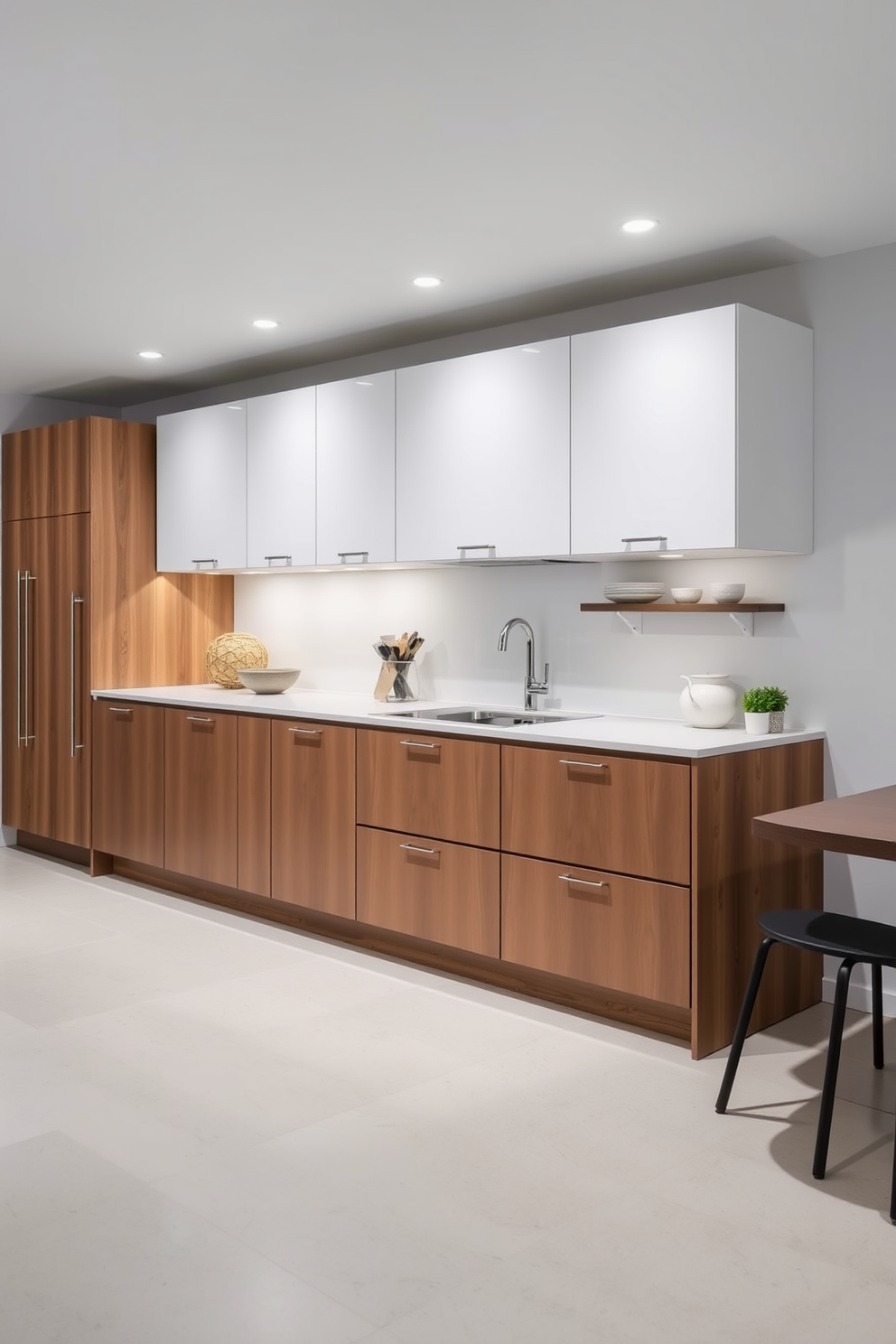 A modern German kitchen featuring sleek cabinetry with hidden compartments that keep surfaces clutter-free. The design incorporates a large island with integrated storage, and high-end appliances seamlessly blend into the cabinetry.