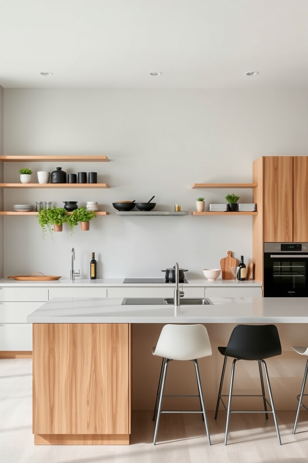 A modern German kitchen featuring sleek floating shelves that create an open and airy feel. The shelves are adorned with stylish kitchenware and potted herbs, complementing the minimalist cabinetry. The kitchen boasts high-quality materials with a combination of wood and glossy finishes. A large island with bar seating serves as the focal point, perfect for both cooking and entertaining.