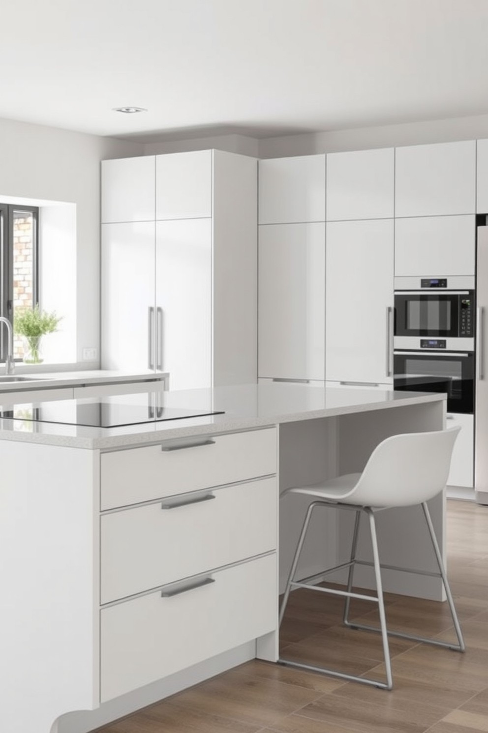 A modern German kitchen featuring sleek cabinetry with soft-close drawers for convenience. The design includes a spacious island with a built-in cooktop and minimalist bar stools, complemented by a harmonious color palette of white and gray tones.