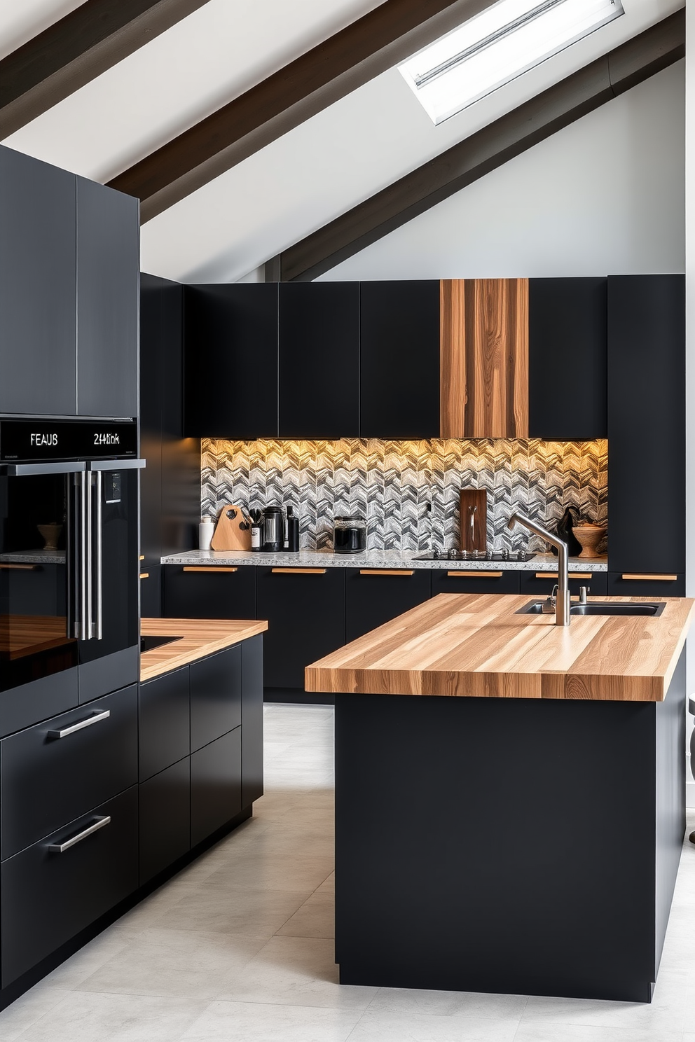 A contemporary German kitchen with mixed materials to create visual interest. The cabinetry features a combination of sleek matte black fronts and warm wood accents, while the countertop is a stunning blend of quartz and butcher block. A large central island serves as the focal point, equipped with modern bar stools and integrated appliances. The backsplash showcases a unique geometric tile pattern that complements the overall aesthetic of the space.