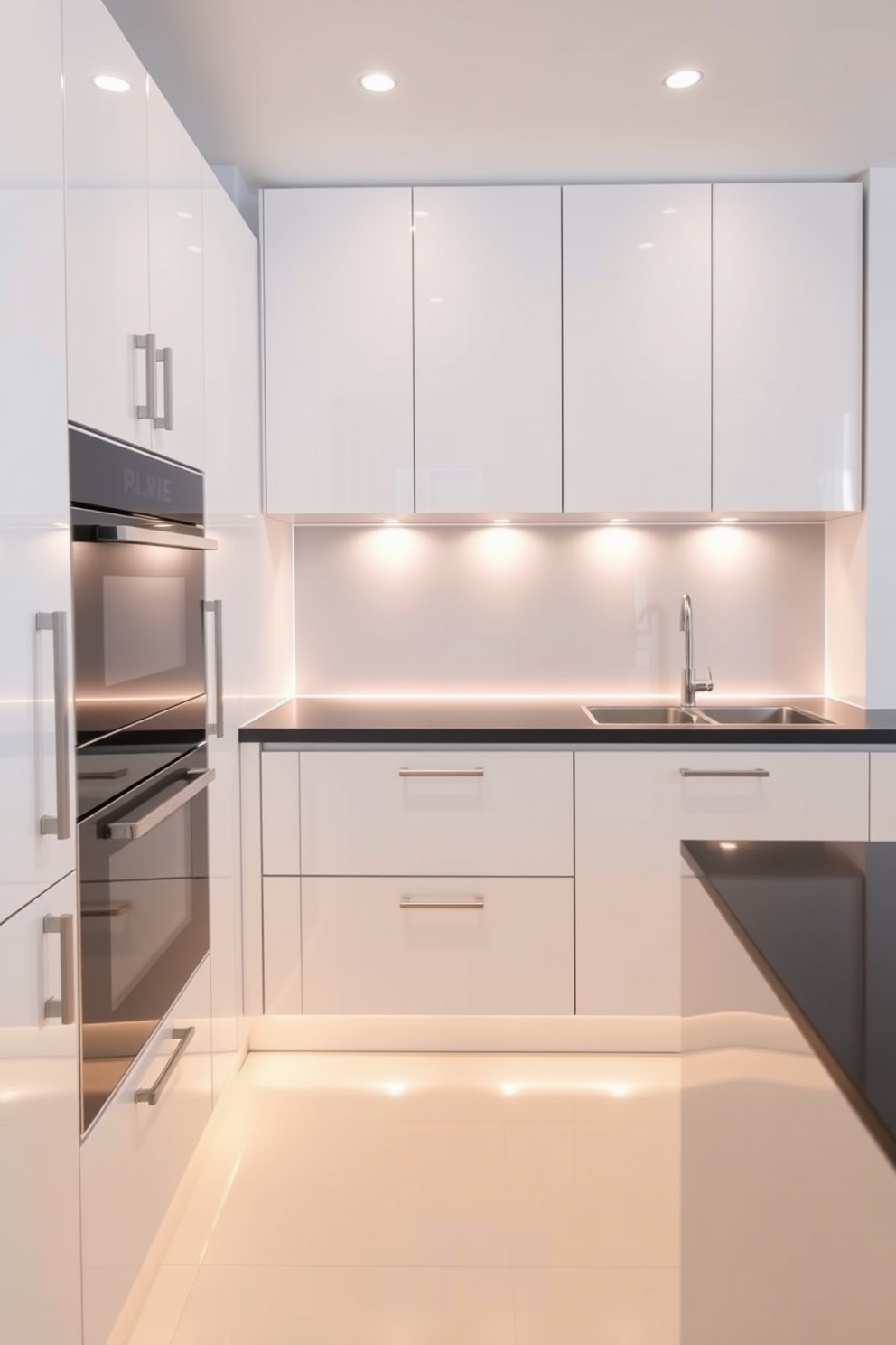 A modern German kitchen featuring integrated lighting within sleek cabinetry. The cabinets are finished in a high-gloss white with minimalist handles, and the lighting highlights the clean lines and contemporary design.