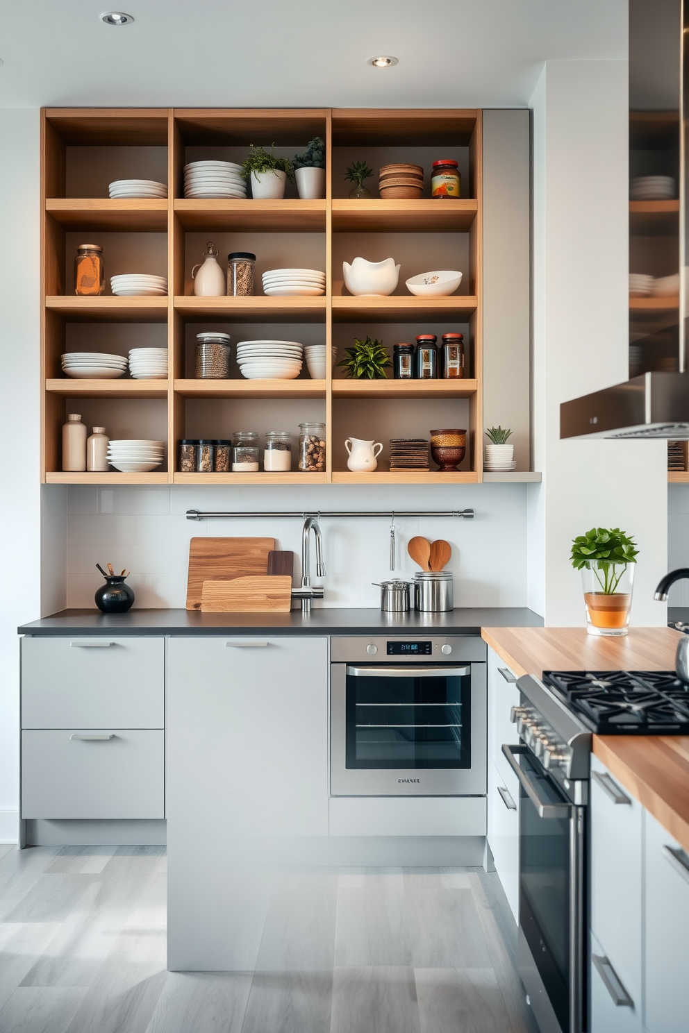 A sleek German kitchen design featuring integrated appliances that blend effortlessly with cabinetry for a seamless aesthetic. The space showcases high-quality materials, including a minimalist island with a smooth countertop and stylish bar stools for casual dining.