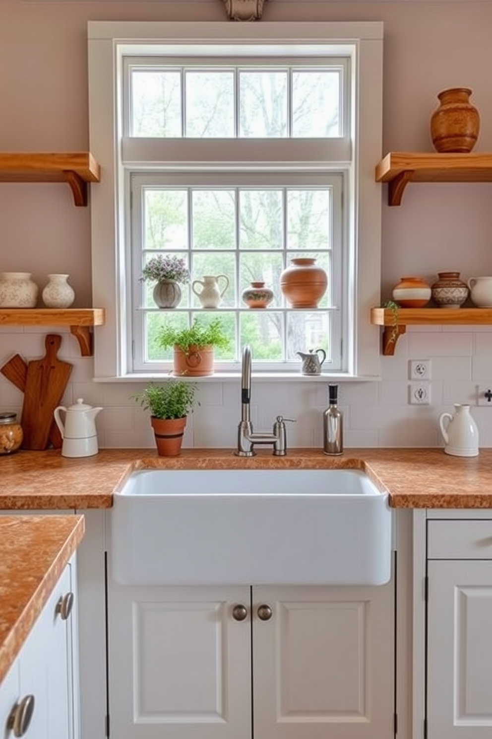 A charming German kitchen design featuring a farmhouse sink that adds a rustic touch. The cabinetry is painted in soft white with natural wood accents, and the countertops are made of warm, textured stone. Open shelving displays handcrafted pottery and fresh herbs, creating a welcoming atmosphere. A large window above the sink allows natural light to flood the space, enhancing the cozy, inviting feel.