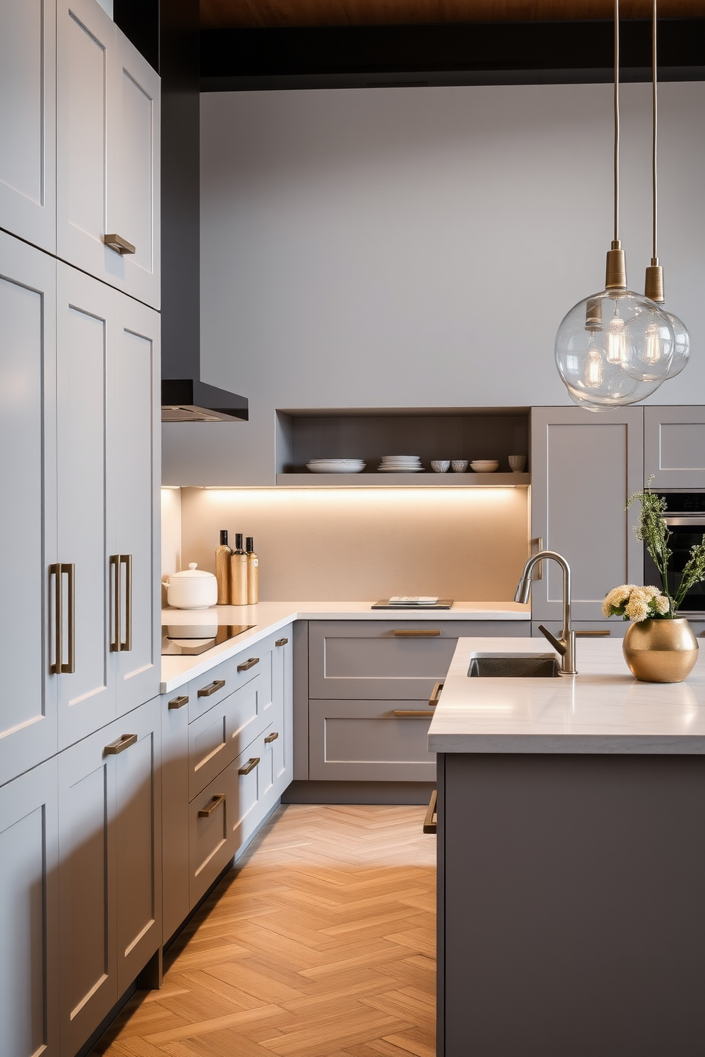 A contemporary German kitchen featuring sleek cabinetry with unique hardware that adds a touch of personality. The space includes a large island with a waterfall countertop, and elegant pendant lights hang above, creating a warm and inviting atmosphere.