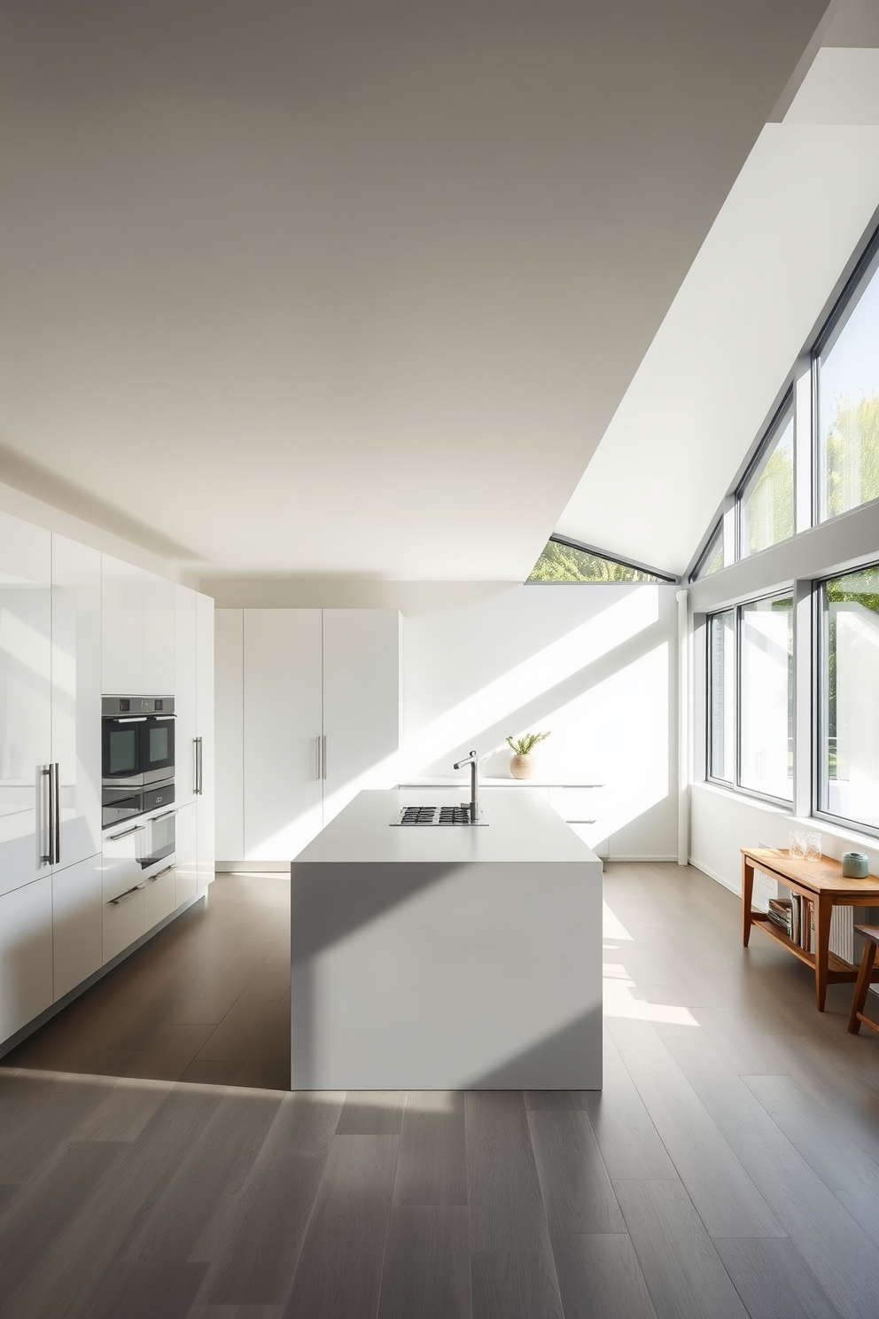 A spacious German kitchen with large windows allowing ample natural light to flood the space. The design features sleek cabinetry with a minimalist aesthetic, complemented by a central island that serves as both a cooking and dining area.