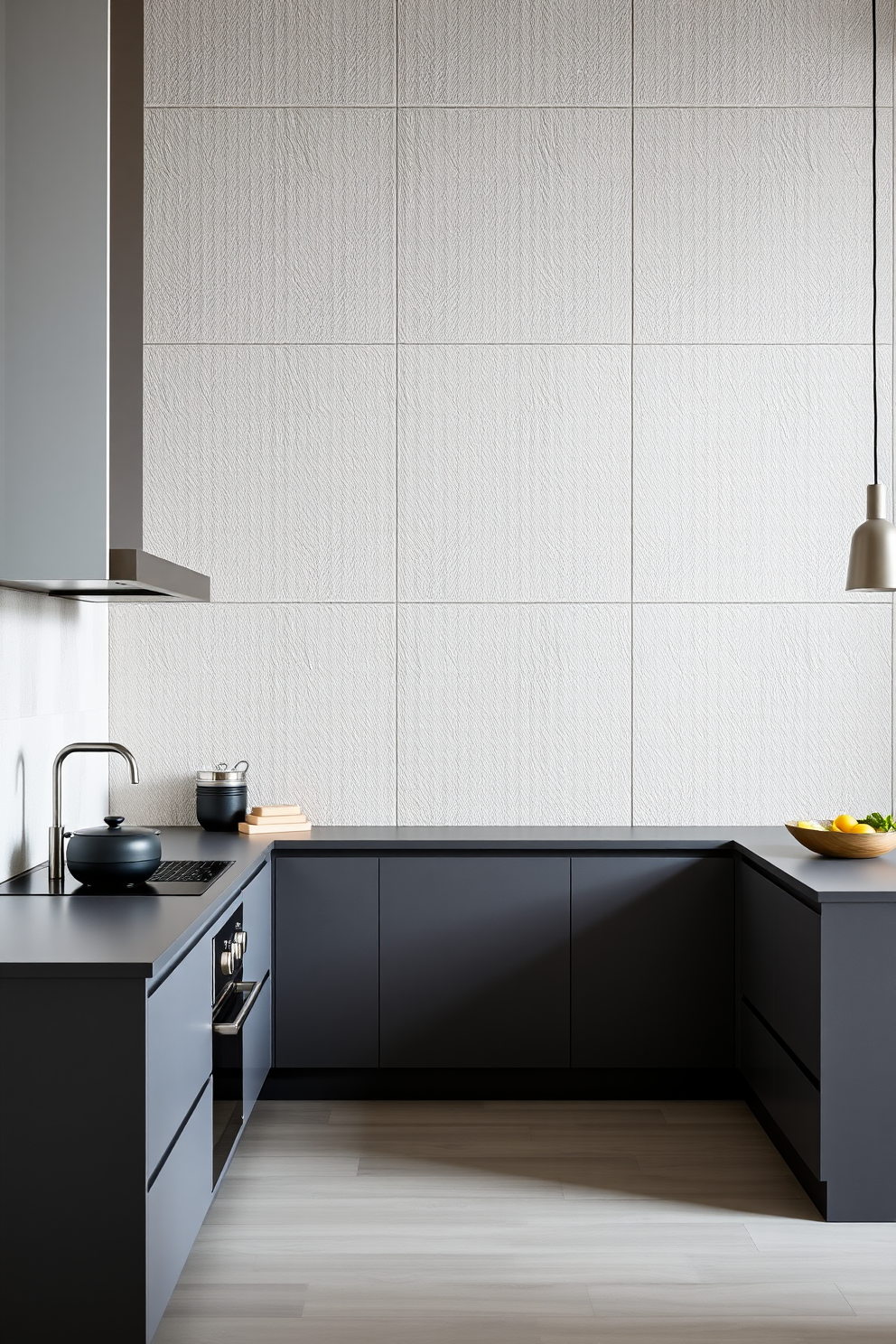 A sleek German kitchen featuring textured wall panels that add depth and character. The cabinetry is minimalist with a matte finish, complemented by stainless steel appliances and a spacious island for cooking and entertaining.