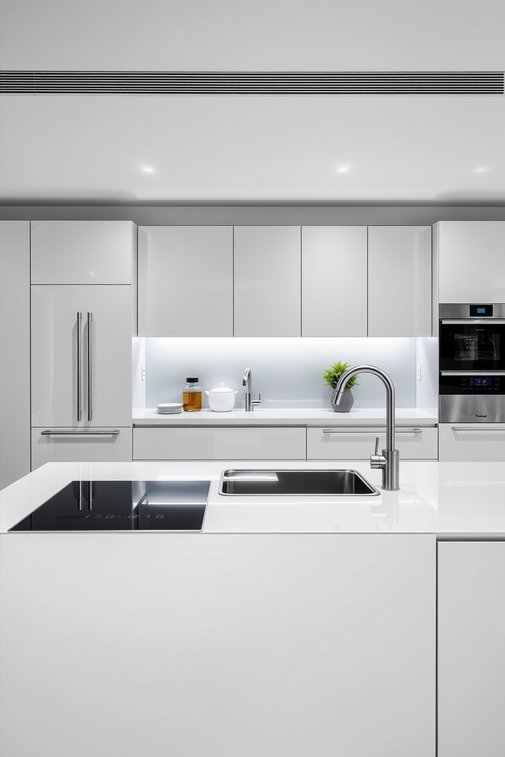 A sleek German kitchen design featuring unique hardware that adds personalized touches. The cabinetry is a mix of deep blue and natural wood finishes, complemented by modern stainless steel handles.