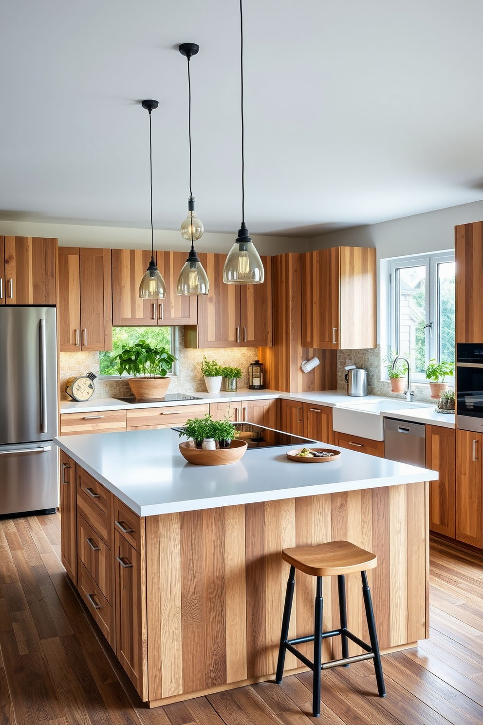 A sleek German kitchen design featuring eco-friendly materials that emphasize sustainability. The cabinetry is made from reclaimed wood with a natural finish, complemented by energy-efficient appliances and a quartz countertop. The open layout includes a large island with seating, surrounded by pendant lighting made from recycled materials. Green accents are incorporated through potted herbs on the windowsill and a backsplash made of recycled glass tiles.