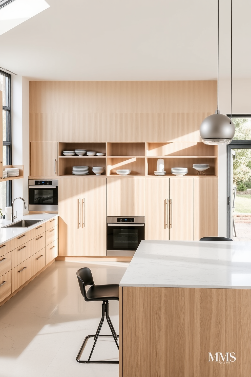 A spacious German kitchen featuring sleek cabinetry in a soft beige tone that complements the light wood accents. The countertops are made of durable quartz with subtle veining, and a large island serves as both a cooking and dining space, adorned with stylish bar stools. Natural light floods the room through large windows, highlighting the minimalist design. Stainless steel appliances are seamlessly integrated, and open shelving displays elegant dishware, adding a personal touch to the space.