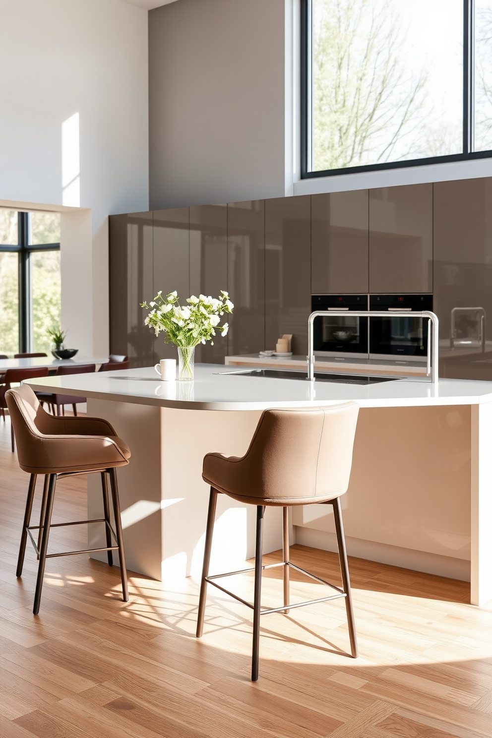 Contemporary bar stools with sleek lines and a minimalist design are arranged around a large kitchen island. The stools feature soft upholstery in a muted color palette that complements the modern German kitchen aesthetic. The kitchen showcases high-quality cabinetry with a glossy finish and integrated appliances for a seamless look. Large windows allow natural light to flood the space, highlighting the clean lines and functional layout typical of German design.