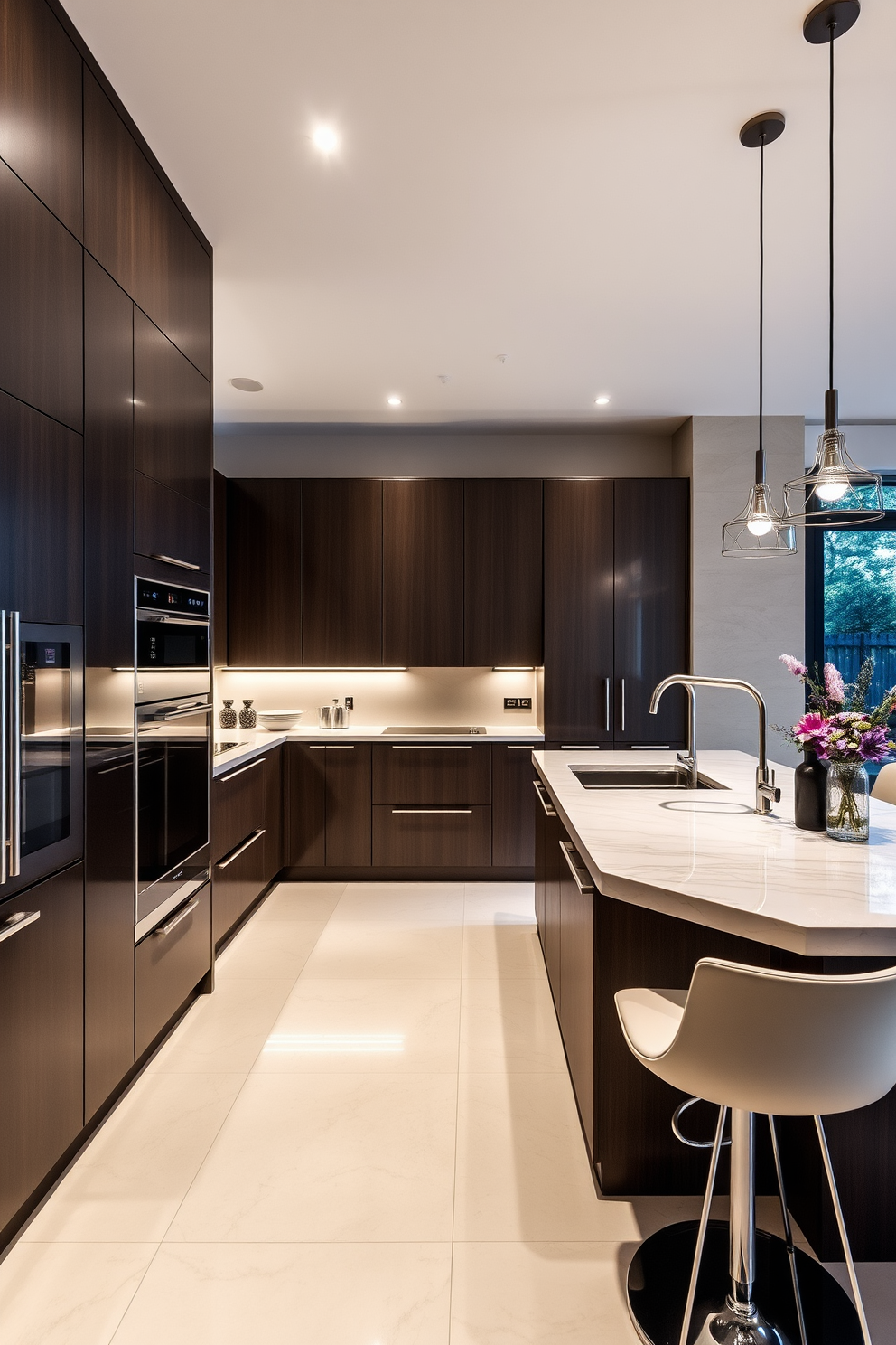 A luxurious German kitchen featuring high-end appliances seamlessly integrated into sleek cabinetry. The space showcases a large island with a waterfall countertop, complemented by modern bar stools and ambient lighting.