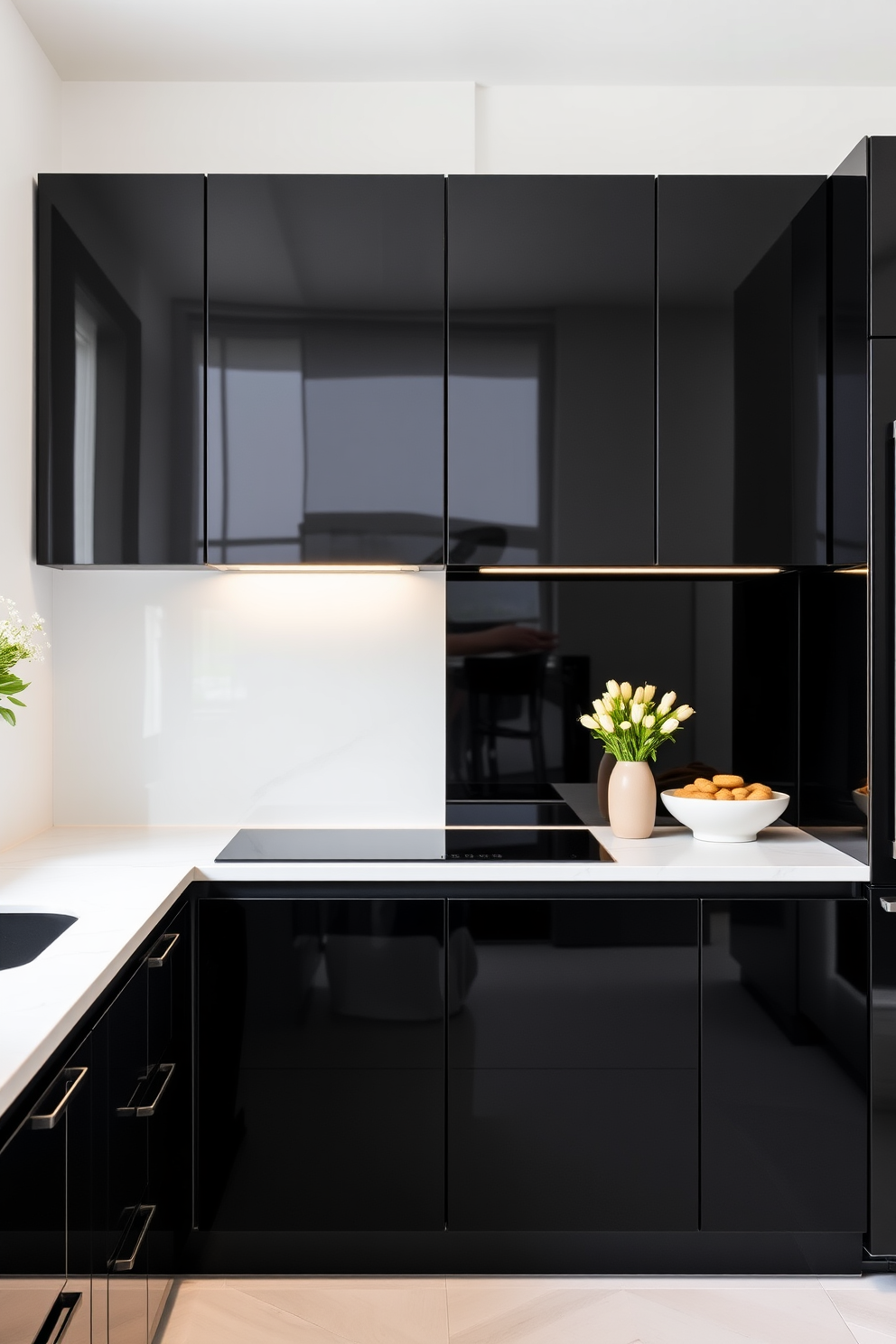 A sleek German kitchen featuring dark cabinets with a glossy finish. The countertops are a striking white quartz, providing a bold contrast that enhances the modern aesthetic.